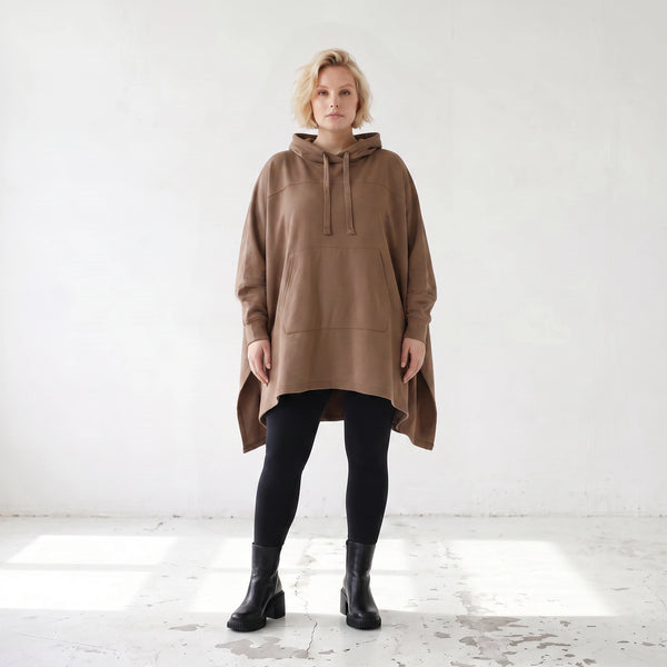 Damen Poncho Lagenlook Baumwolle Braun, kastiger Schnitt, Kapuze, Oversize große Größen – Rafay