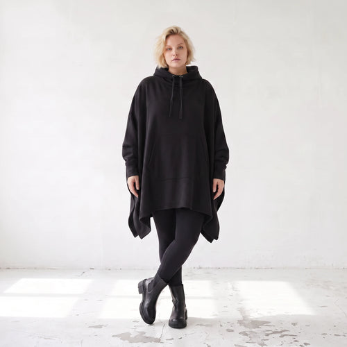 Damen Poncho Lagenlook Baumwolle Schwarz, kastiger Schnitt, Kapuze, Oversize große Größen – Rafay