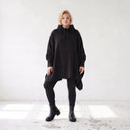 Damen Poncho Lagenlook Baumwolle Schwarz, kastiger Schnitt, Kapuze, Oversize große Größen – Rafay