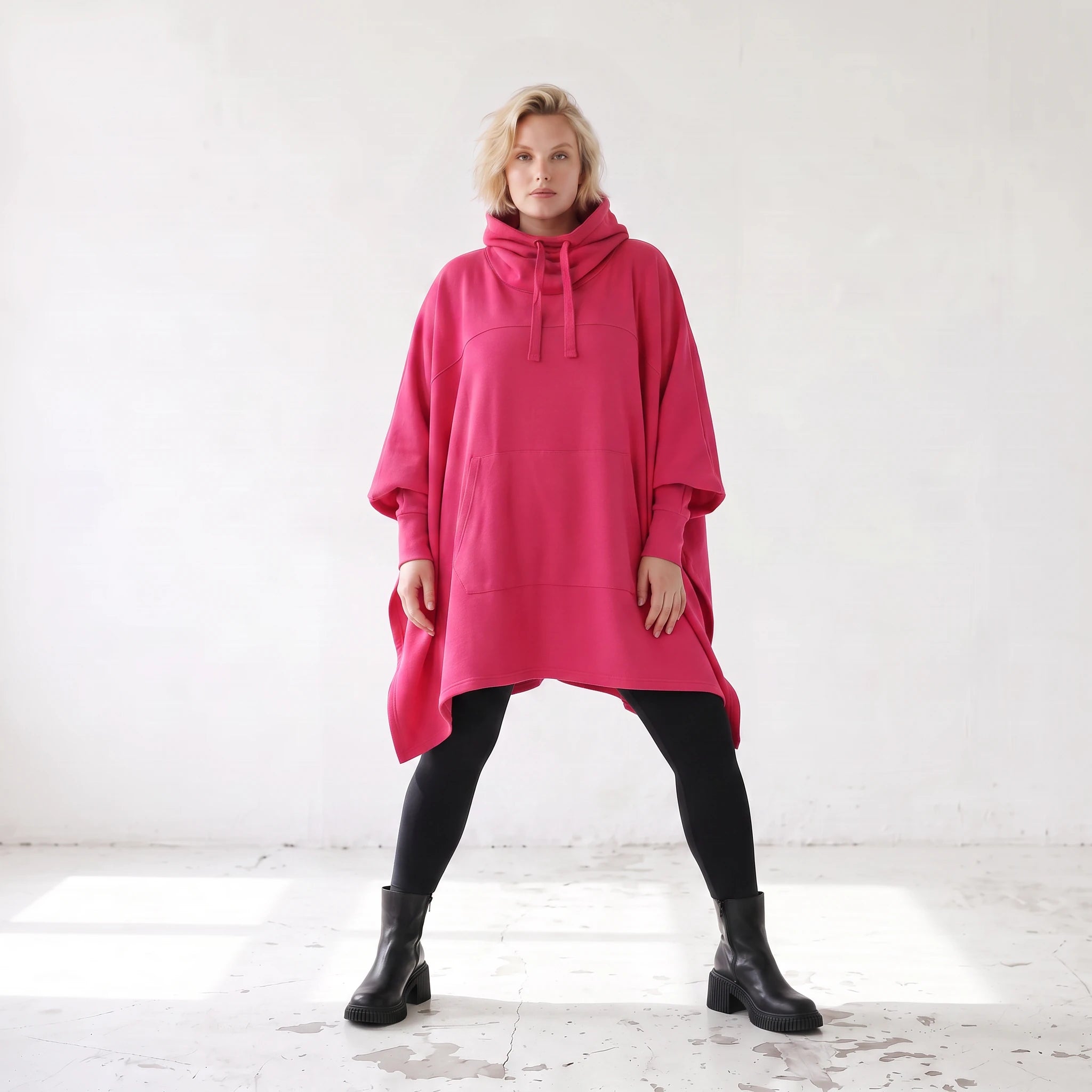 Damen Poncho Lagenlook Baumwolle Pink, kastiger Schnitt, Kapuze, Oversize große Größen – Rafay