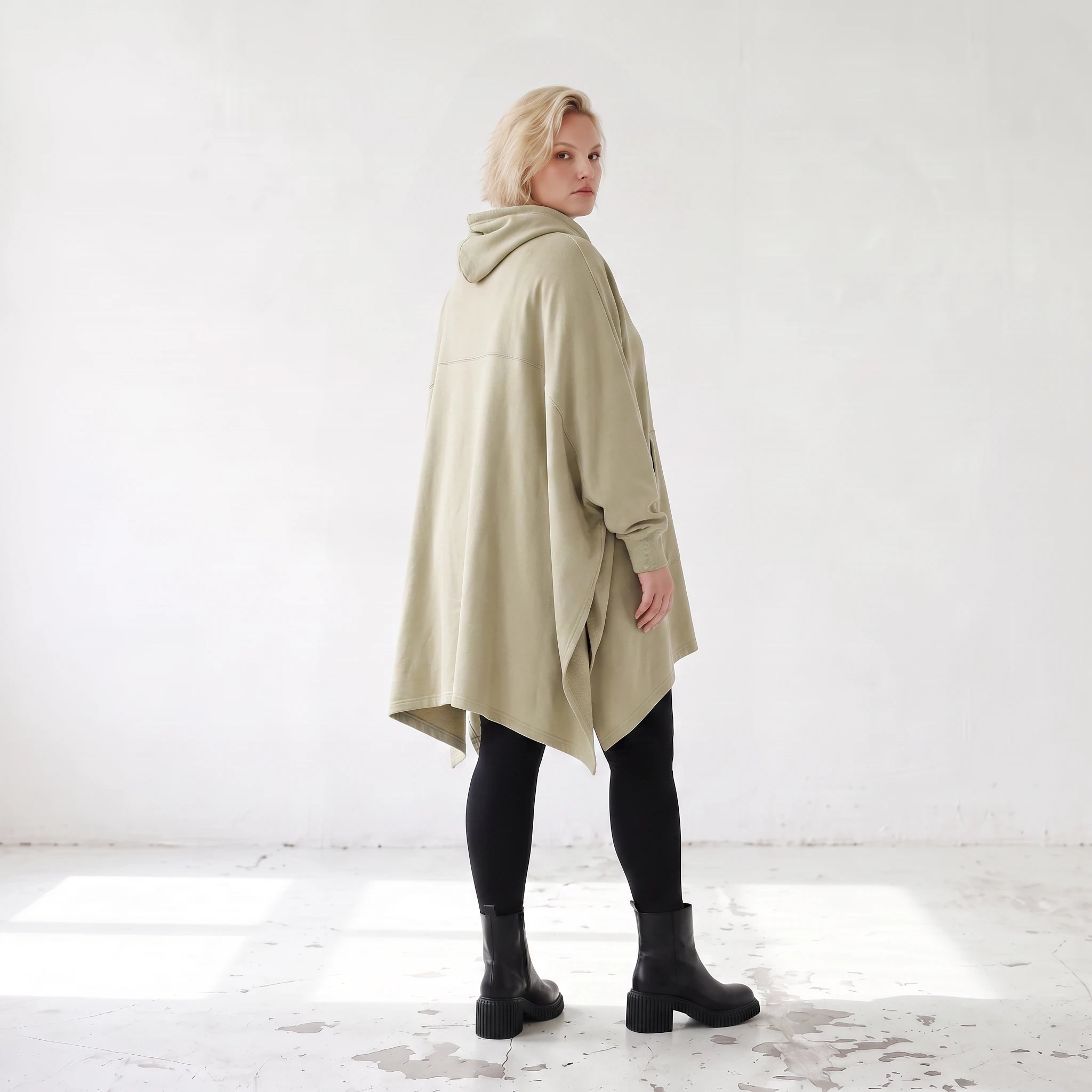 Damen Poncho Lagenlook Baumwolle Beige, kastiger Schnitt, Kapuze, Oversize große Größen – Rafay