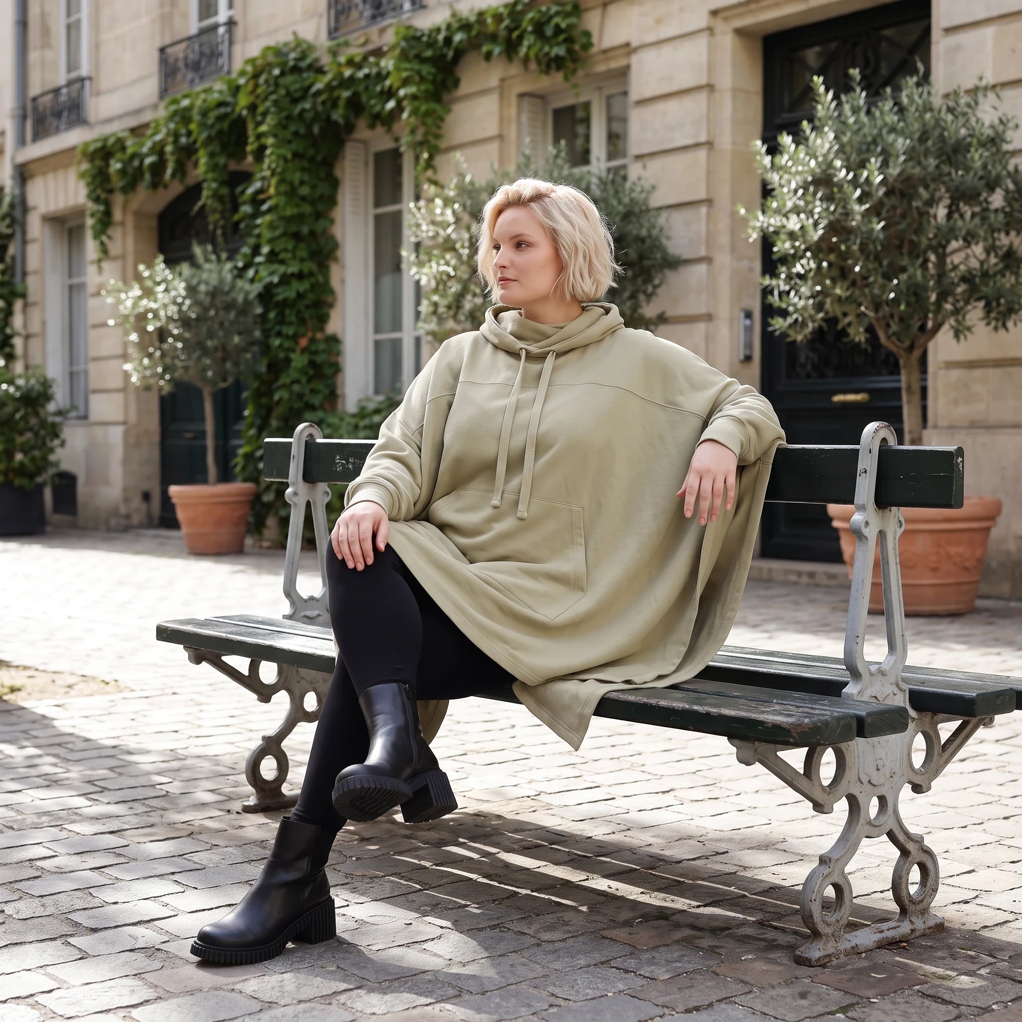 Damen Poncho Lagenlook Baumwolle Beige, kastiger Schnitt, Kapuze, Oversize große Größen – Rafay