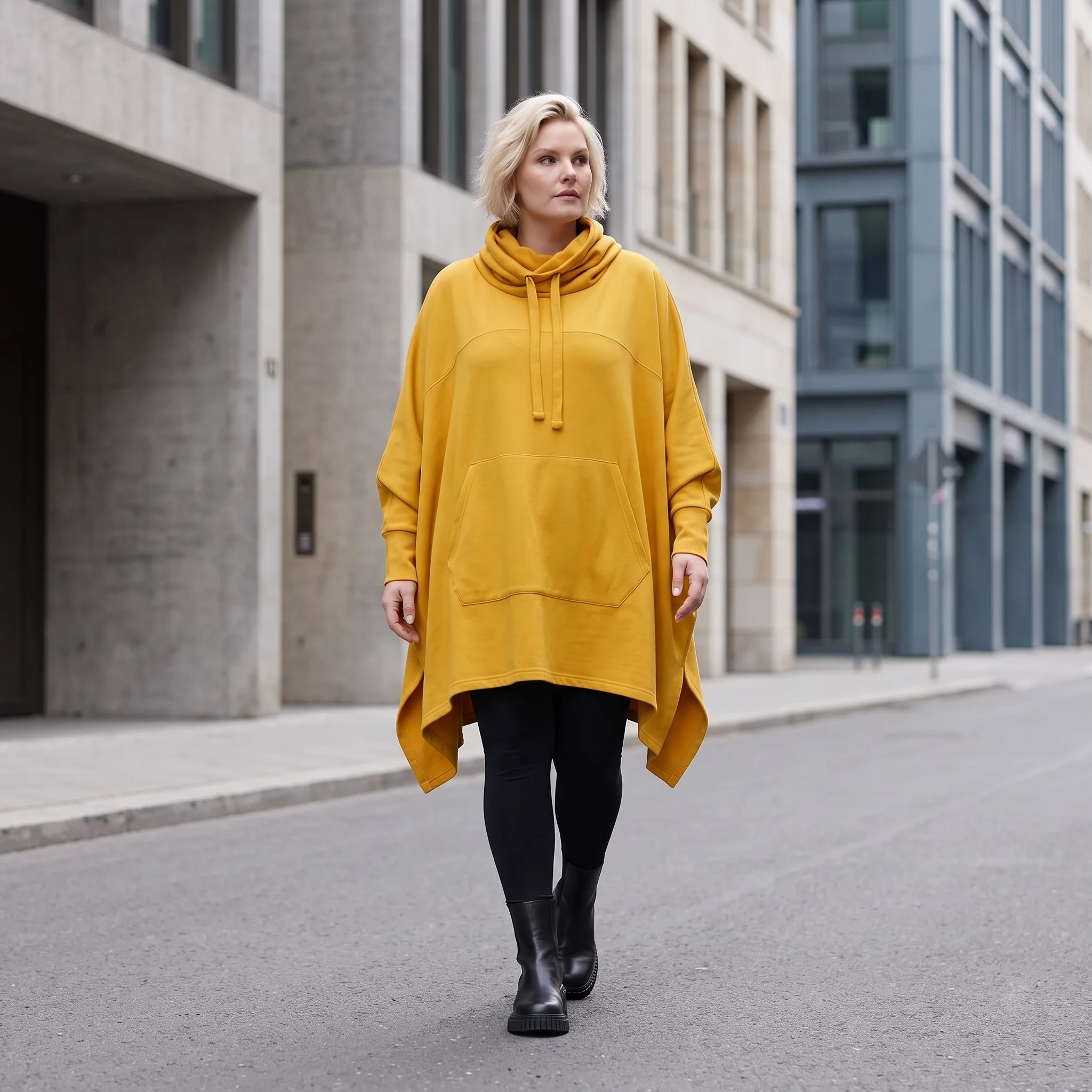 Damen Poncho Lagenlook Baumwolle Senfgelb, kastiger Schnitt, Langarm, Kapuze, Oversize große Größen – Rafay