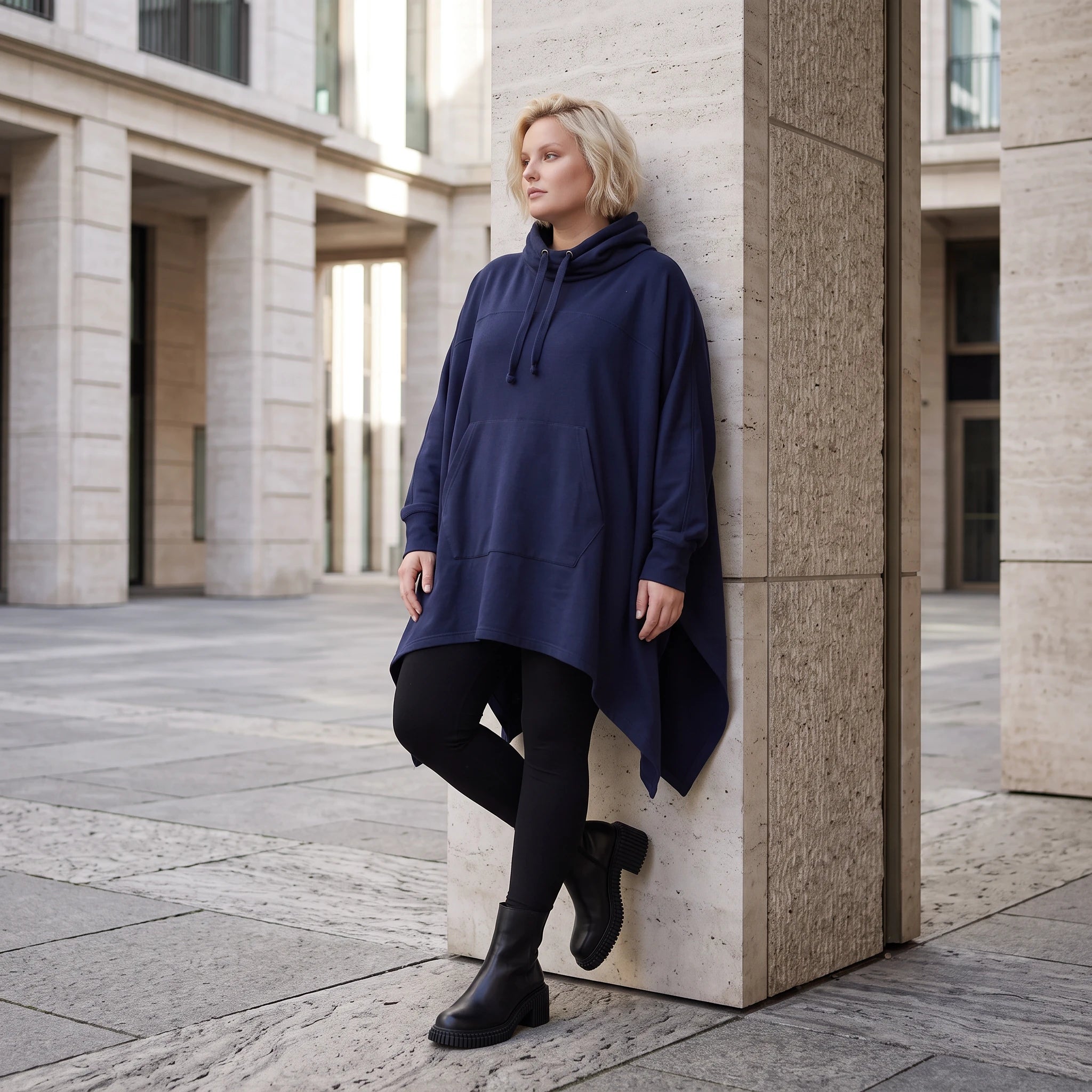 Damen Poncho Lagenlook Baumwolle Dunkelblau, kastiger Schnitt, Kapuze, Oversize große Größen – Rafay