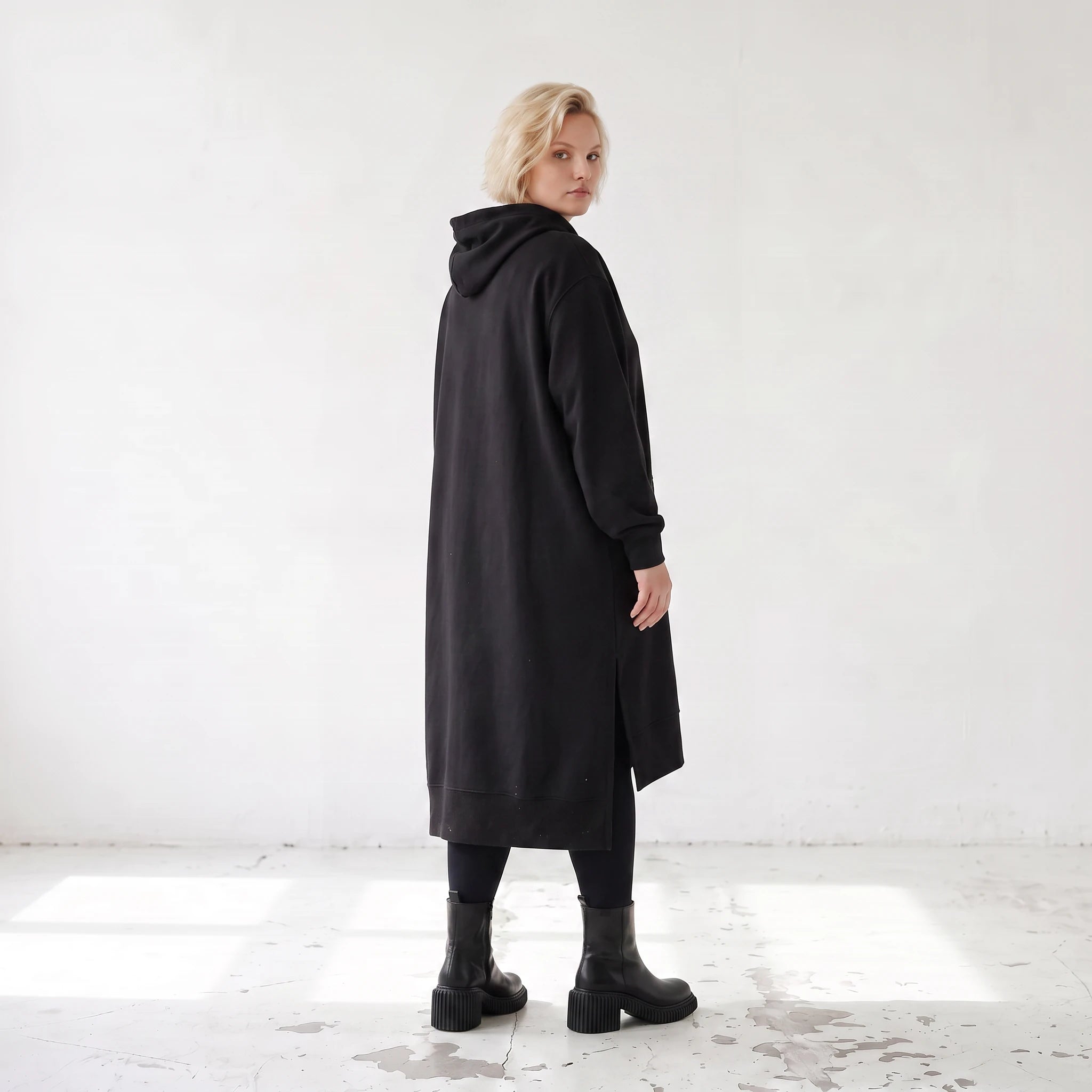 Damen Hoody Lagenlook Baumwolle Schwarz, gerader Schnitt, Kapuze, Oversize große Größen – Rafay