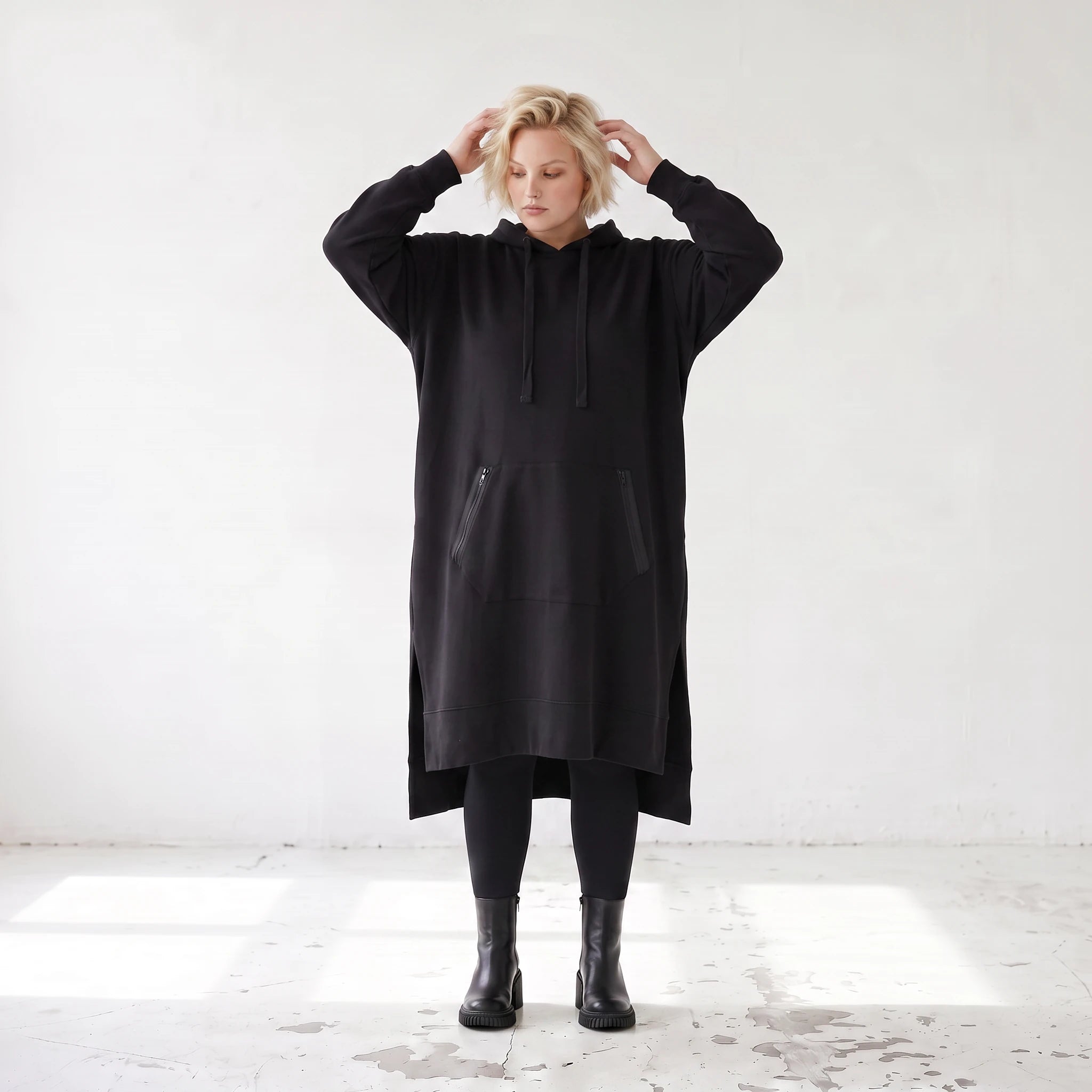 Damen Hoody Lagenlook Baumwolle Schwarz, gerader Schnitt, Kapuze, Oversize große Größen – Rafay