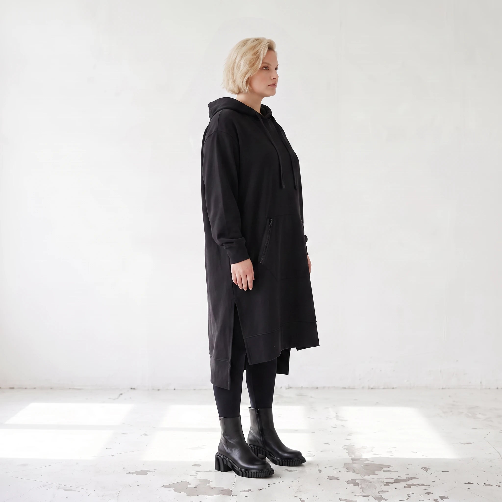 Damen Hoody Lagenlook Baumwolle Schwarz, gerader Schnitt, Kapuze, Oversize große Größen – Rafay