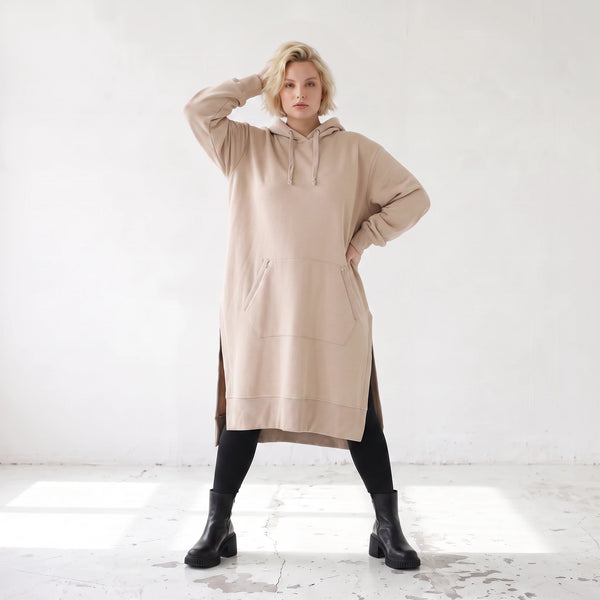 Damen Hoody Lagenlook Baumwolle Sand, gerader Schnitt, Kapuze, Oversize große Größen – Rafay