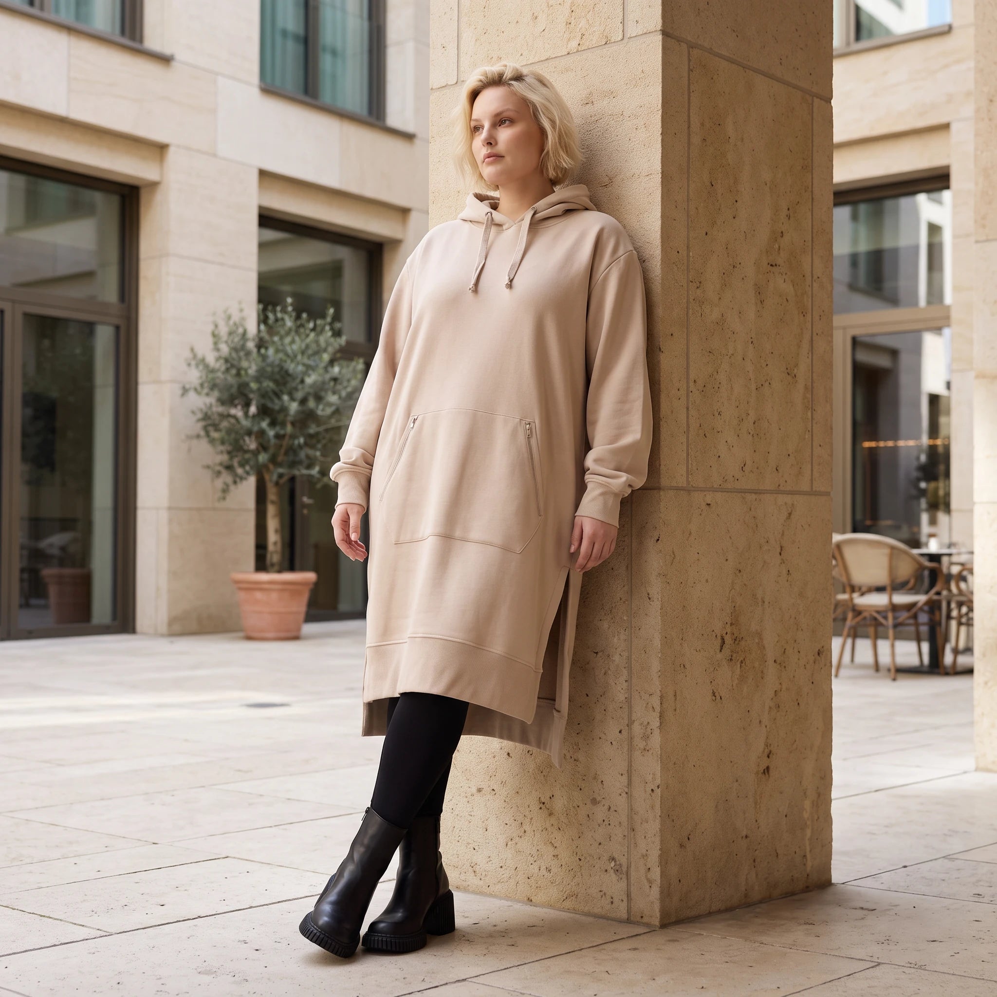 Damen Hoody Lagenlook Baumwolle Sand, gerader Schnitt, Kapuze, Oversize große Größen – Rafay