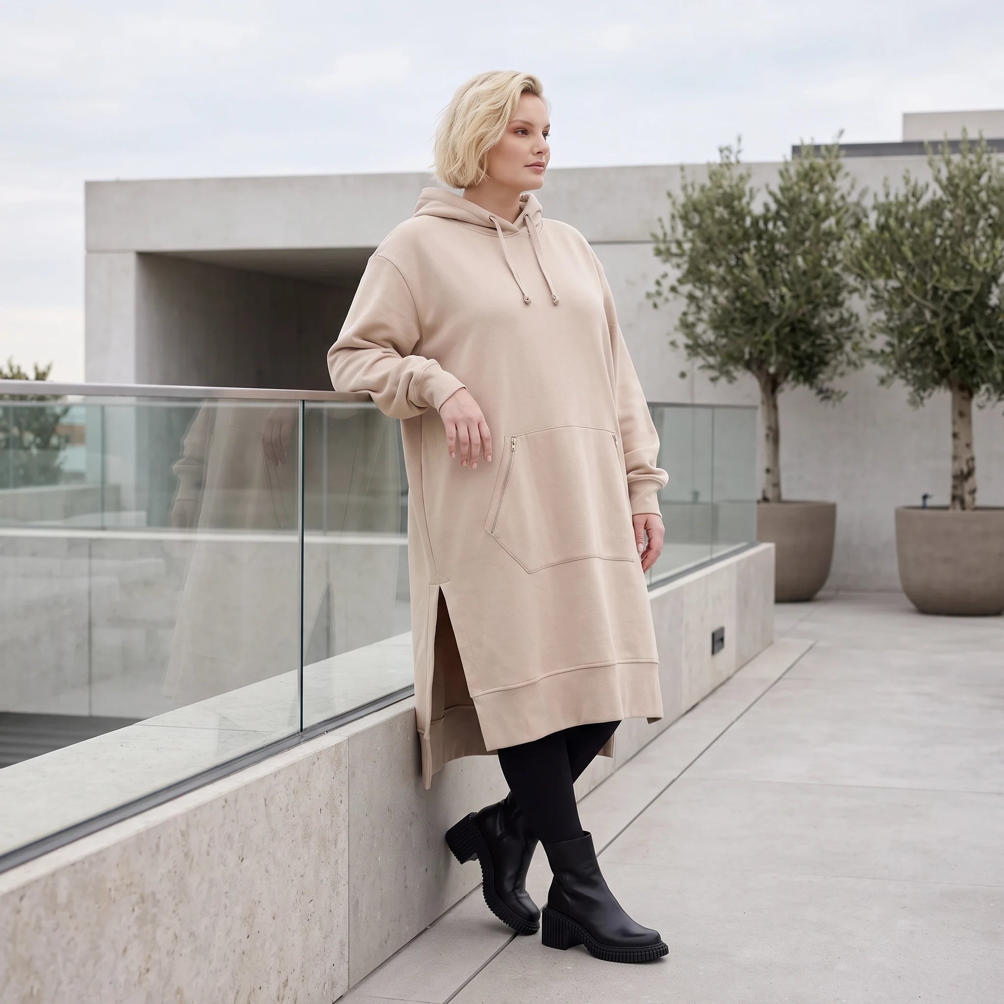 Damen Hoody Lagenlook Baumwolle Sand, gerader Schnitt, Kapuze, Oversize große Größen – Rafay