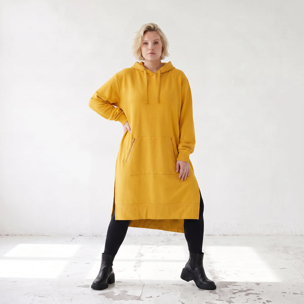 Damen Hoody Lagenlook Baumwolle Senfgelb, gerader Schnitt, Kapuze, Oversize große Größen – Rafay