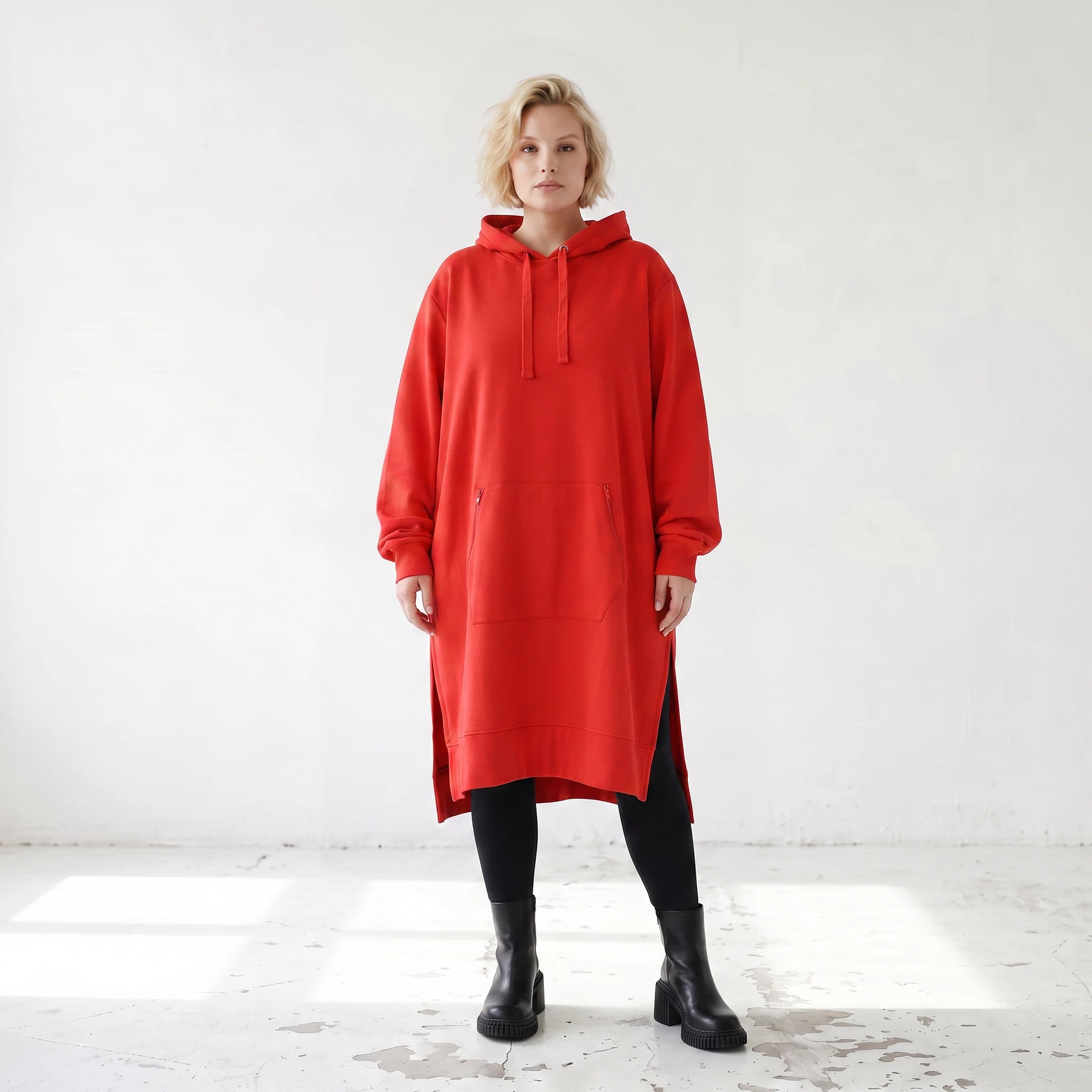 Damen Hoody Lagenlook Baumwolle Rot, gerader Schnitt, Kapuze, Oversize große Größen – Rafay