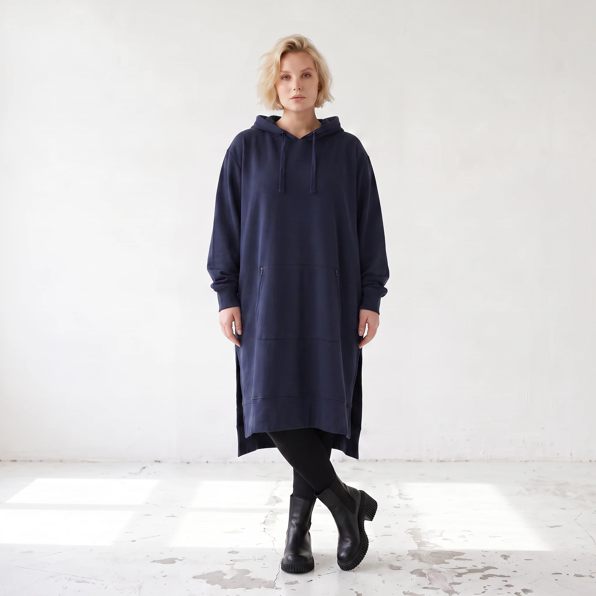 Damen Hoody Lagenlook Baumwolle Dunkelblau, gerader Schnitt, Langarm, Kapuze, Oversize große Größen – Rafay
