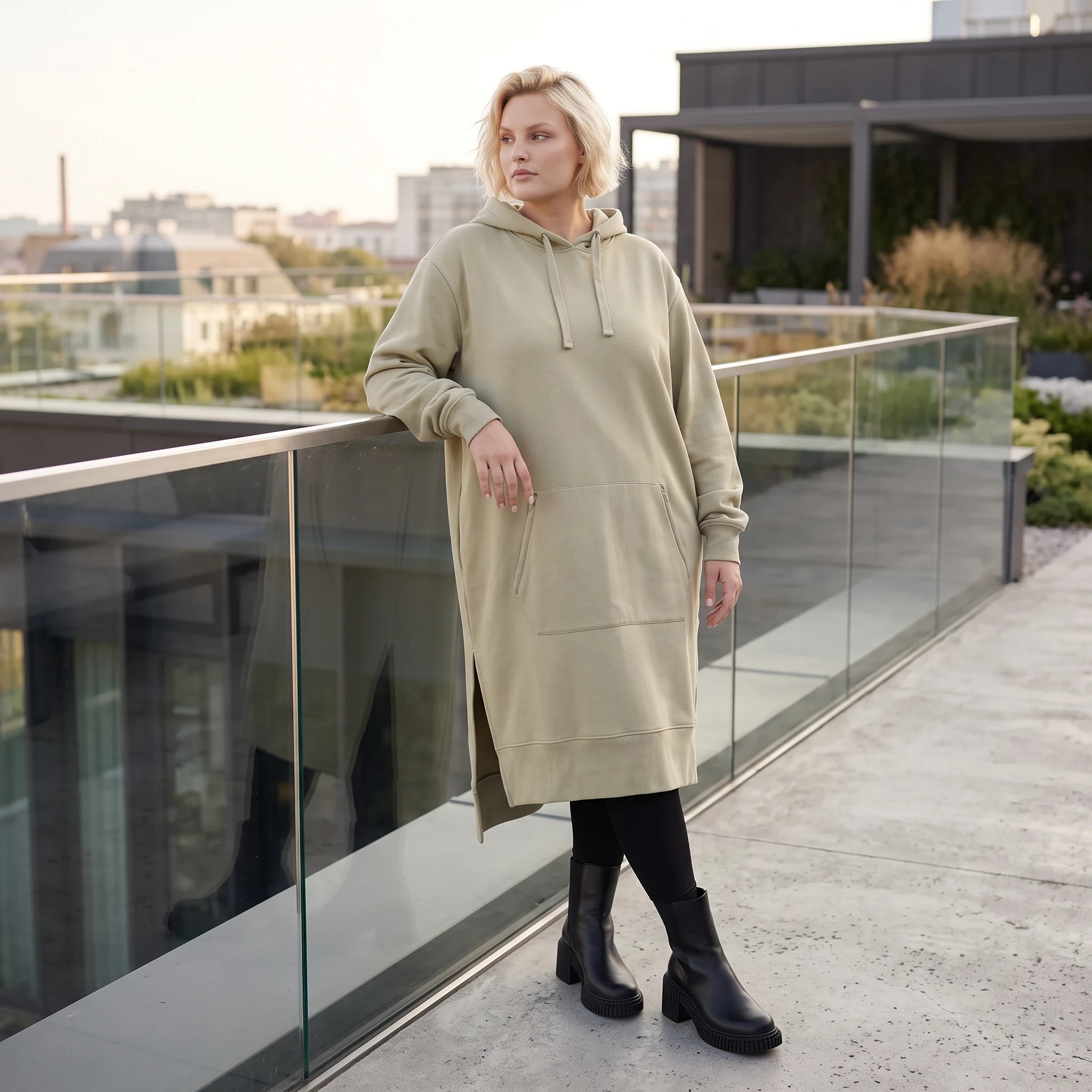 Damen Hoody Lagenlook Baumwolle Beige, gerader Schnitt, Langarm, Kapuze, Oversize große Größen – Rafay