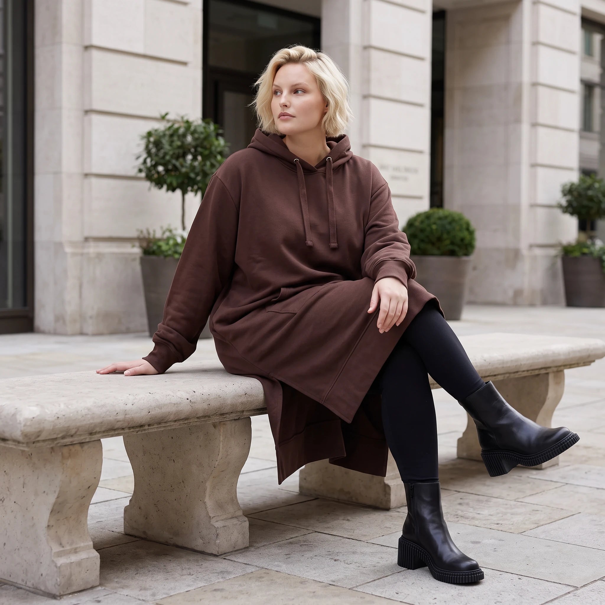 Damen Hoody Lagenlook Baumwolle Schokobraun, gerader Schnitt, Langarm, Kapuze, Oversize große Größen – Rafay