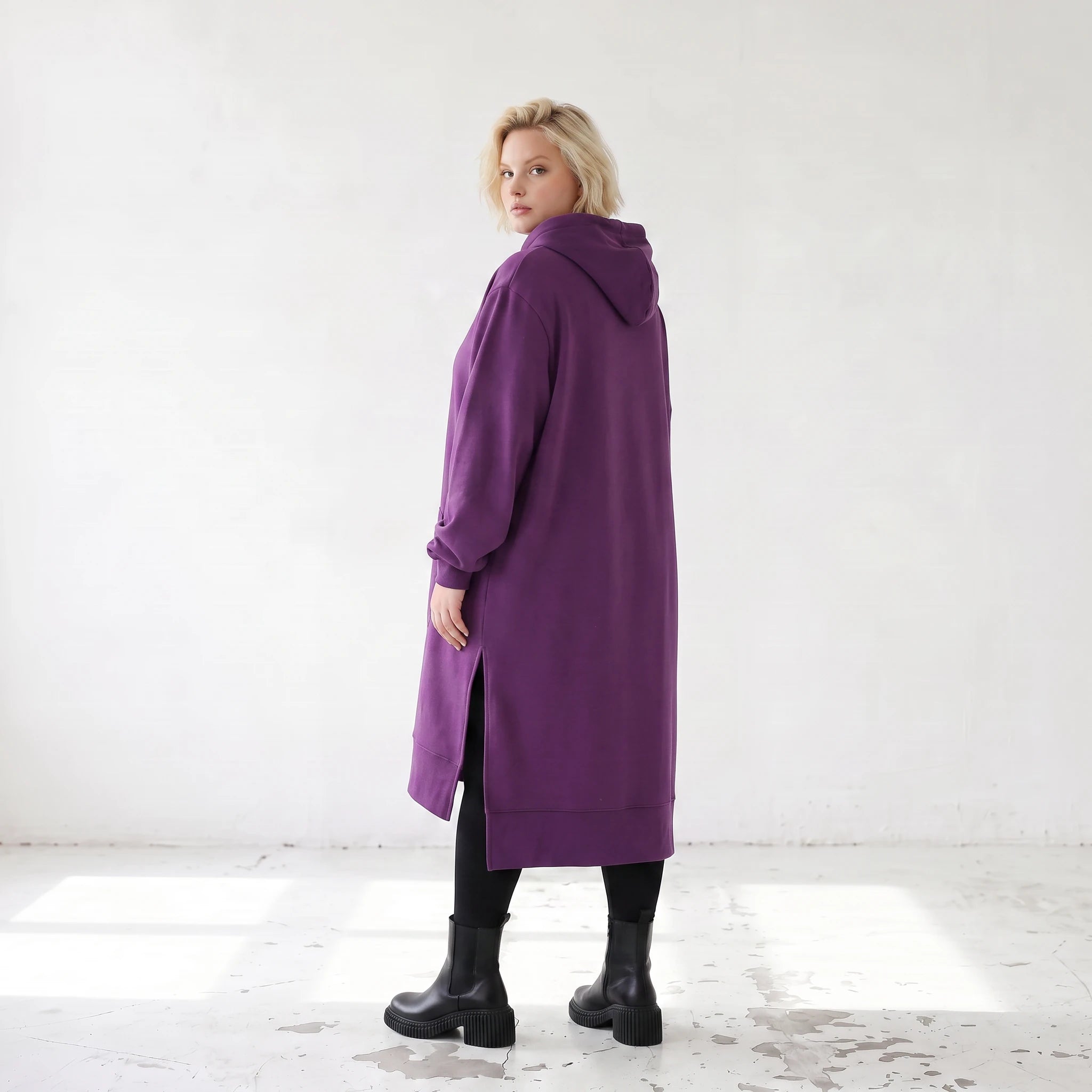 Damen Hoody Lagenlook Baumwolle Lila, gerader Schnitt, Langarm, Kapuze, Oversize große Größen – Rafay