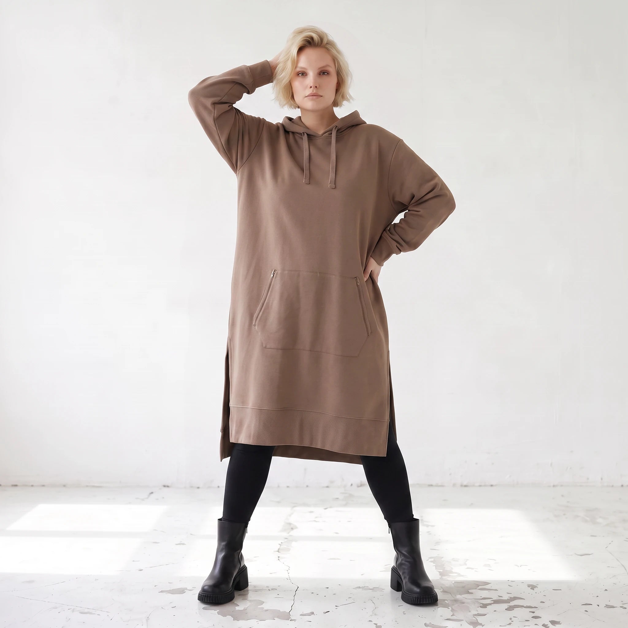 Damen Hoody Lagenlook Baumwolle Braun, gerader Schnitt, Langarm, Kapuze, Oversize große Größen – Rafay