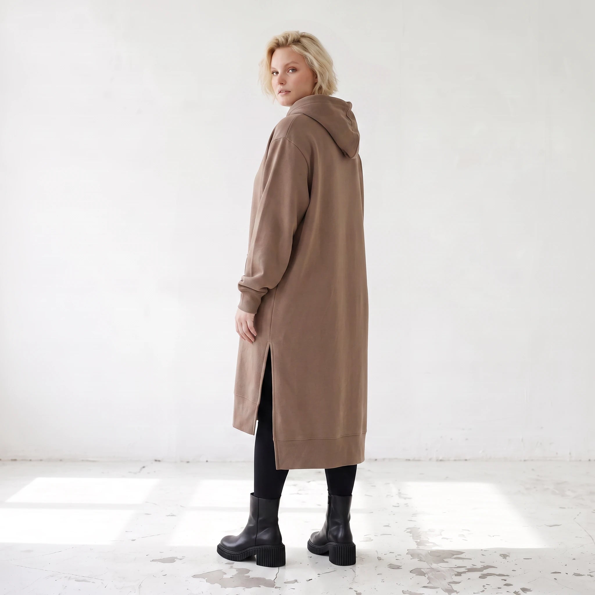Damen Hoody Lagenlook Baumwolle Braun, gerader Schnitt, Langarm, Kapuze, Oversize große Größen – Rafay