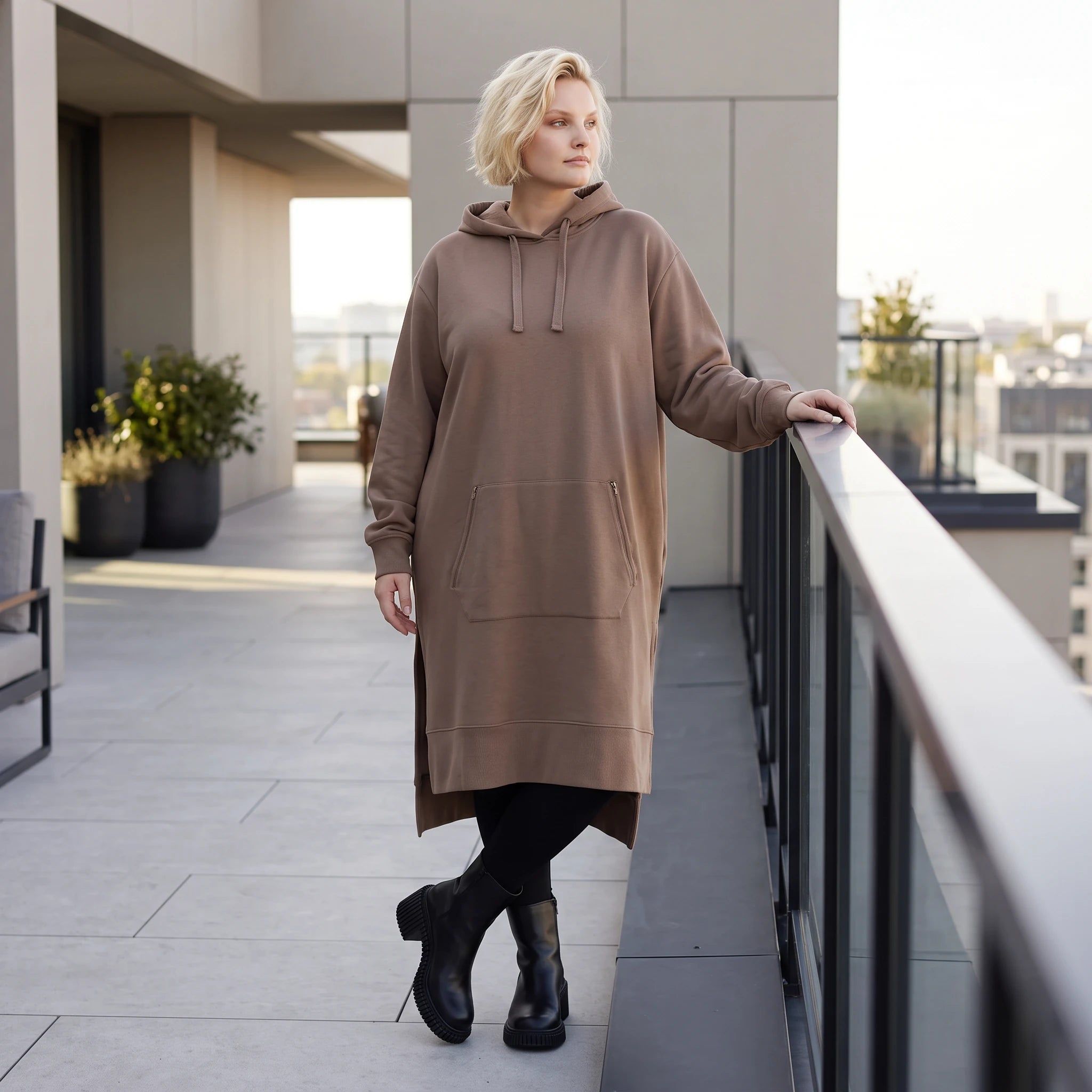 Damen Hoody Lagenlook Baumwolle Braun, gerader Schnitt, Langarm, Kapuze, Oversize große Größen – Rafay