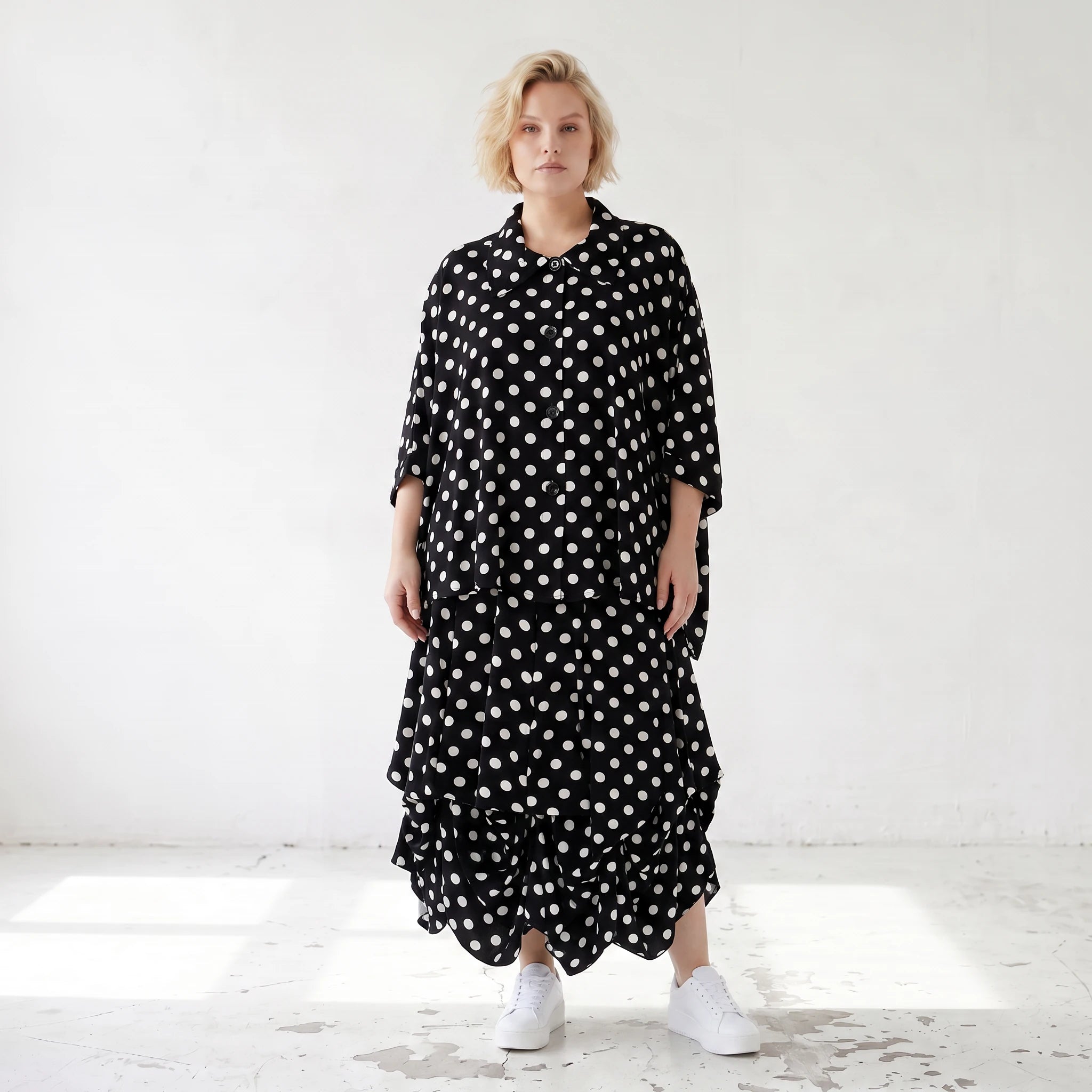 Damen Rock Lagenlook Viskose Schwarz/Weiß, Ballonform, Punkte, Oversize große Größen – AKH Premium