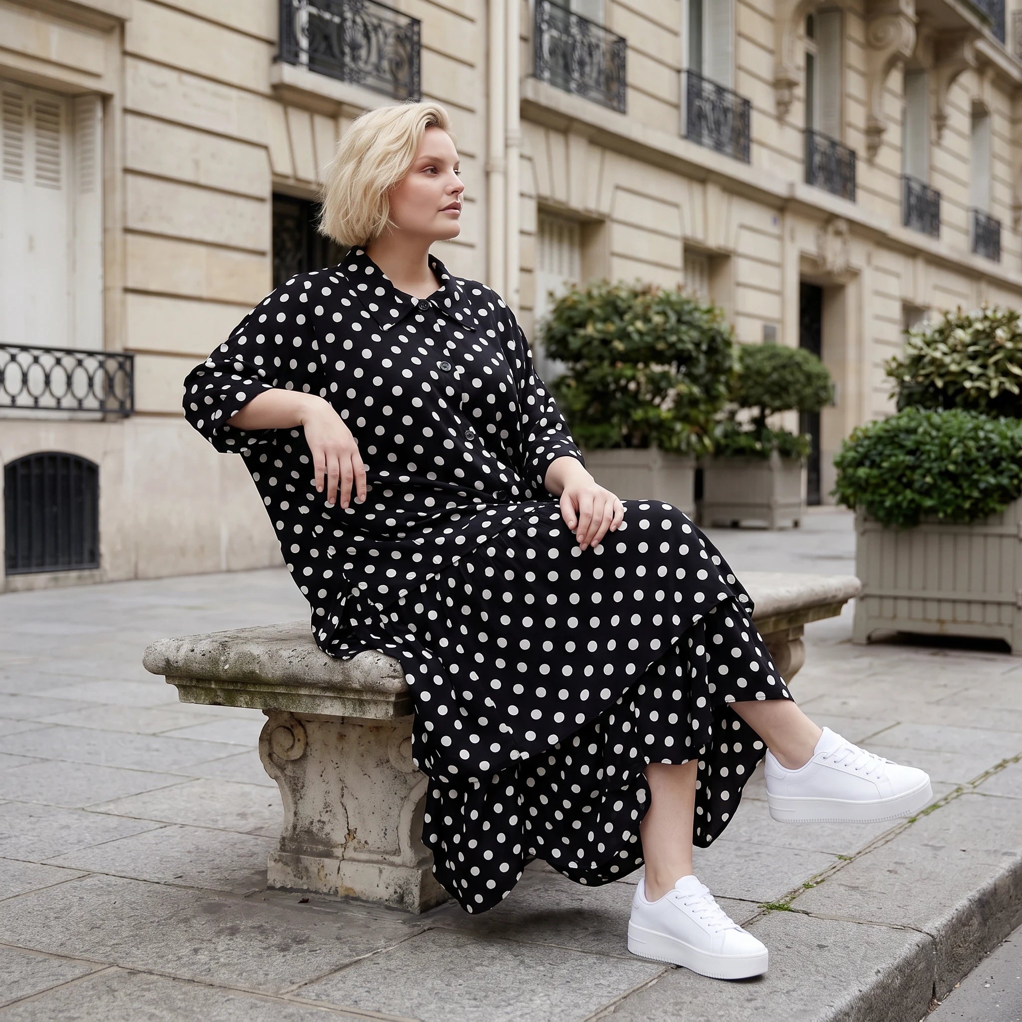 Damen Rock Lagenlook Viskose Schwarz/Weiß, Ballonform, Punkte, Oversize große Größen – AKH Premium