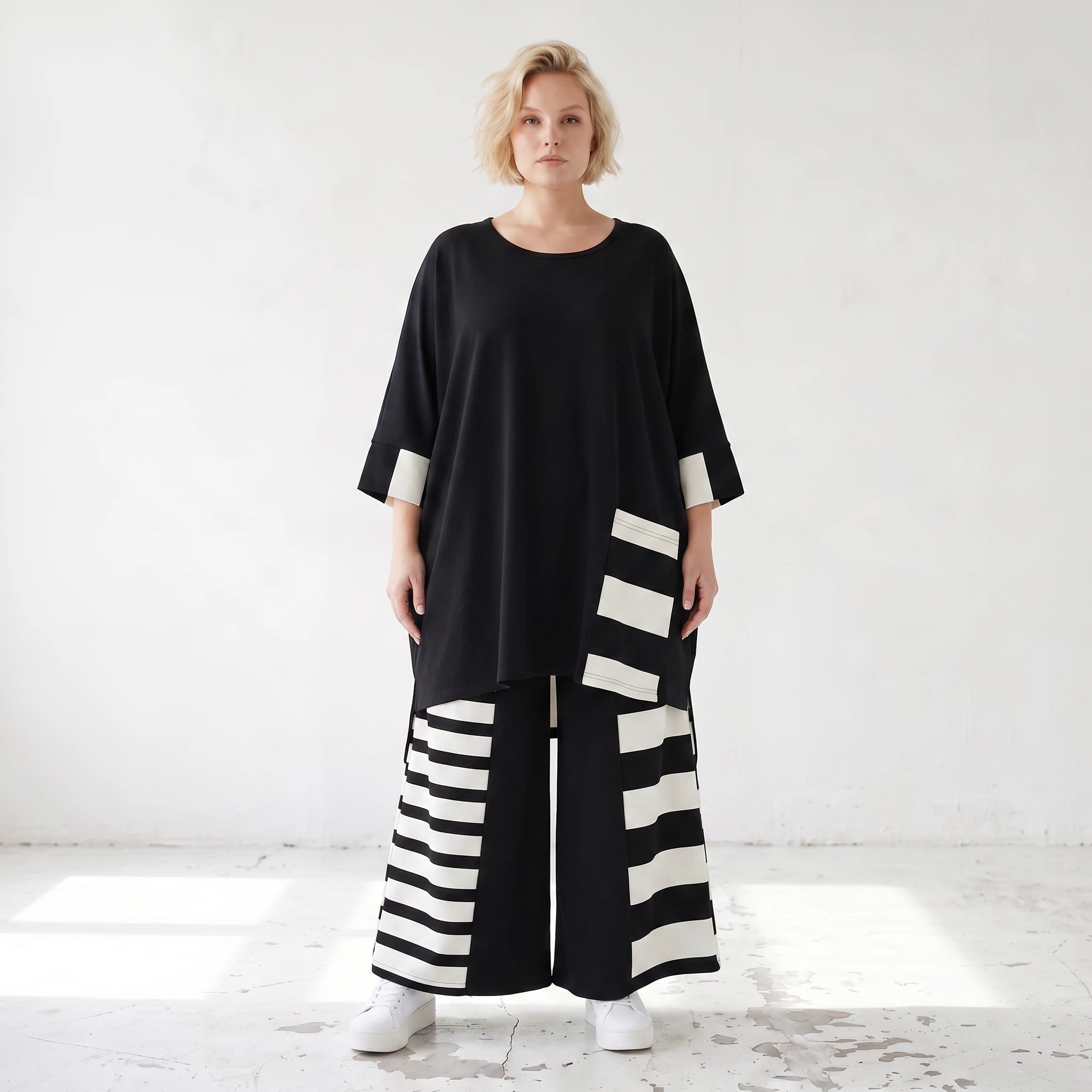 Damen Hose Lagenlook Rayon Schwarz/Weiß, Oversize große Größen – AKH Premium