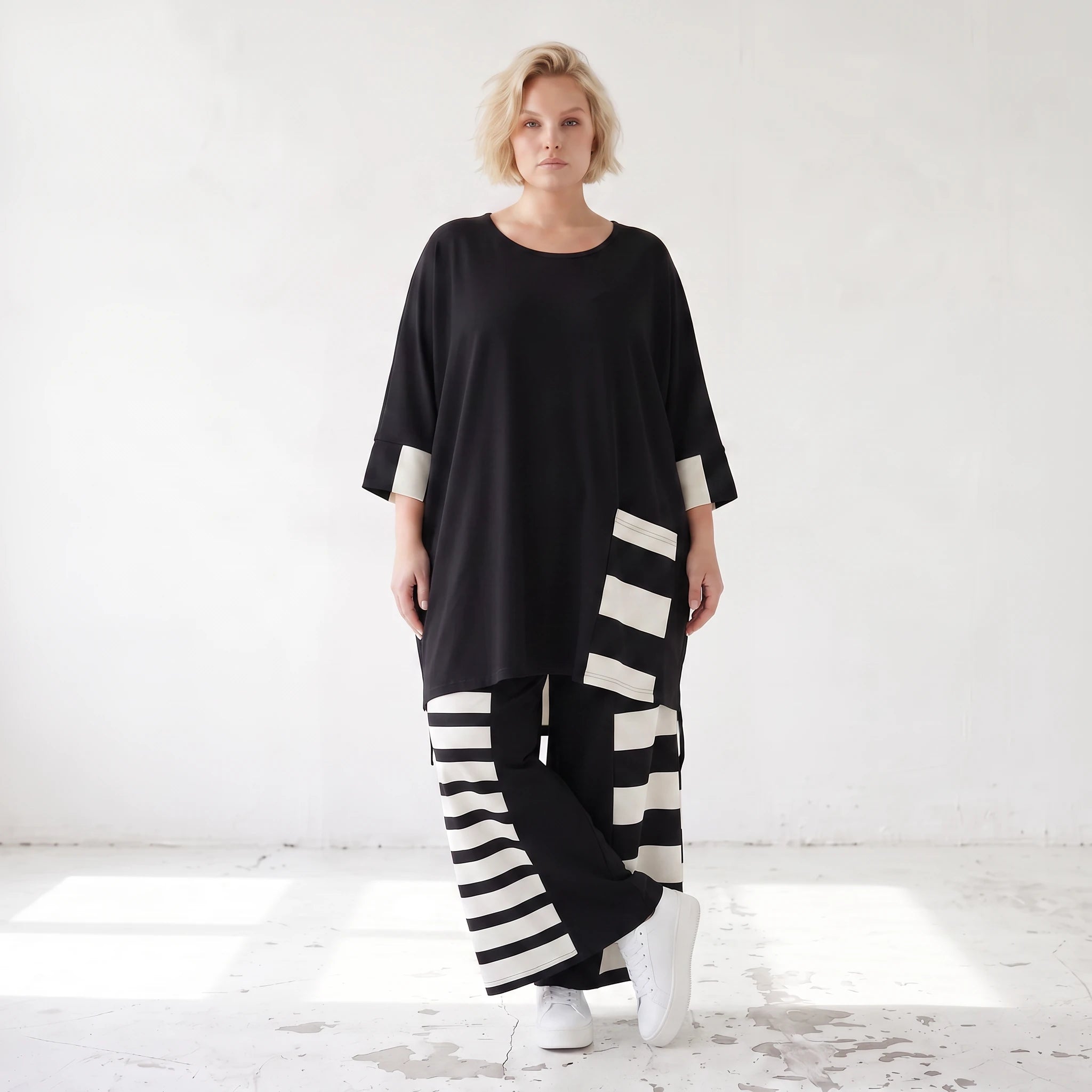 Damen Hose Lagenlook Rayon Schwarz/Weiß, Oversize große Größen – AKH Premium