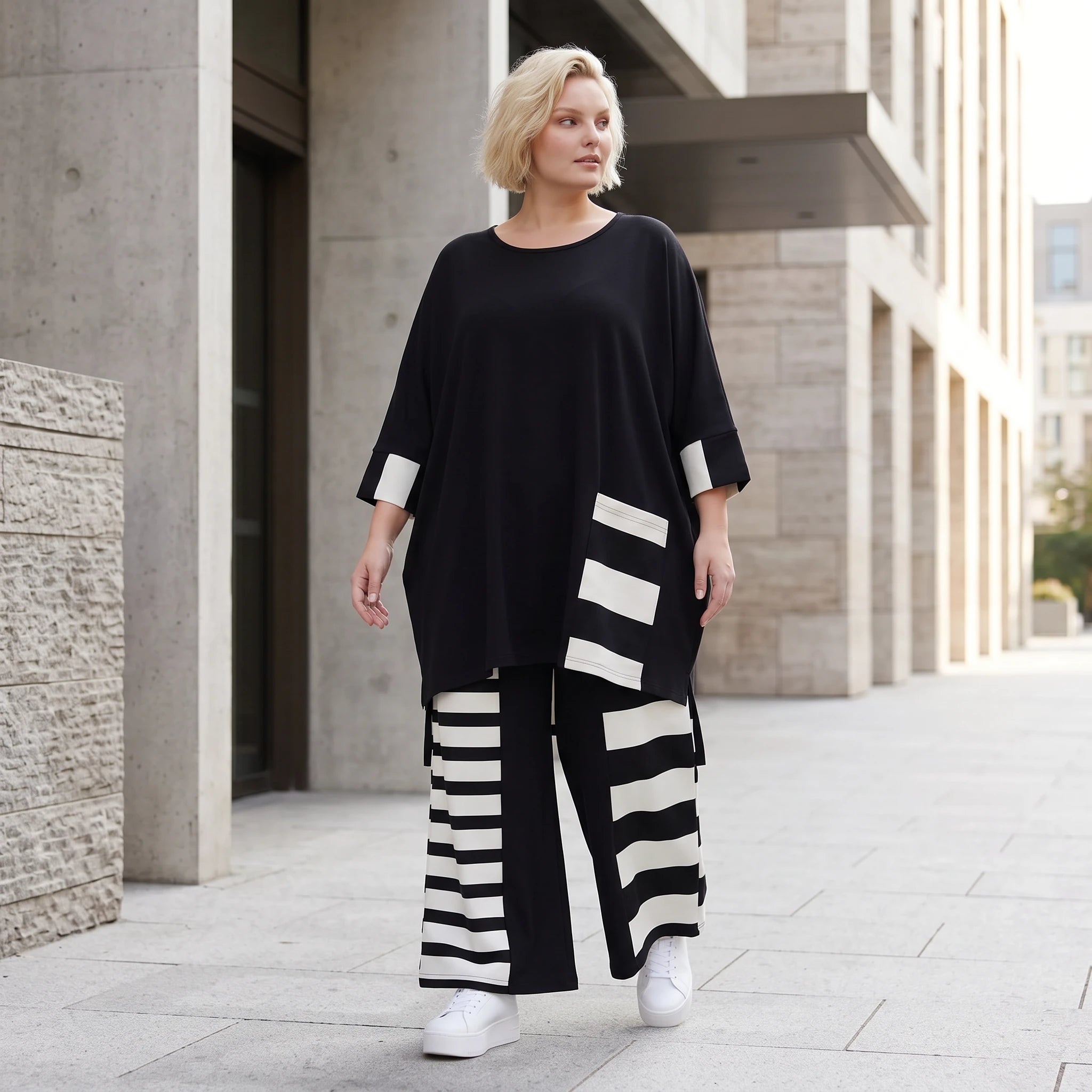 Damen Hose Lagenlook Rayon Schwarz/Weiß, Oversize große Größen – AKH Premium