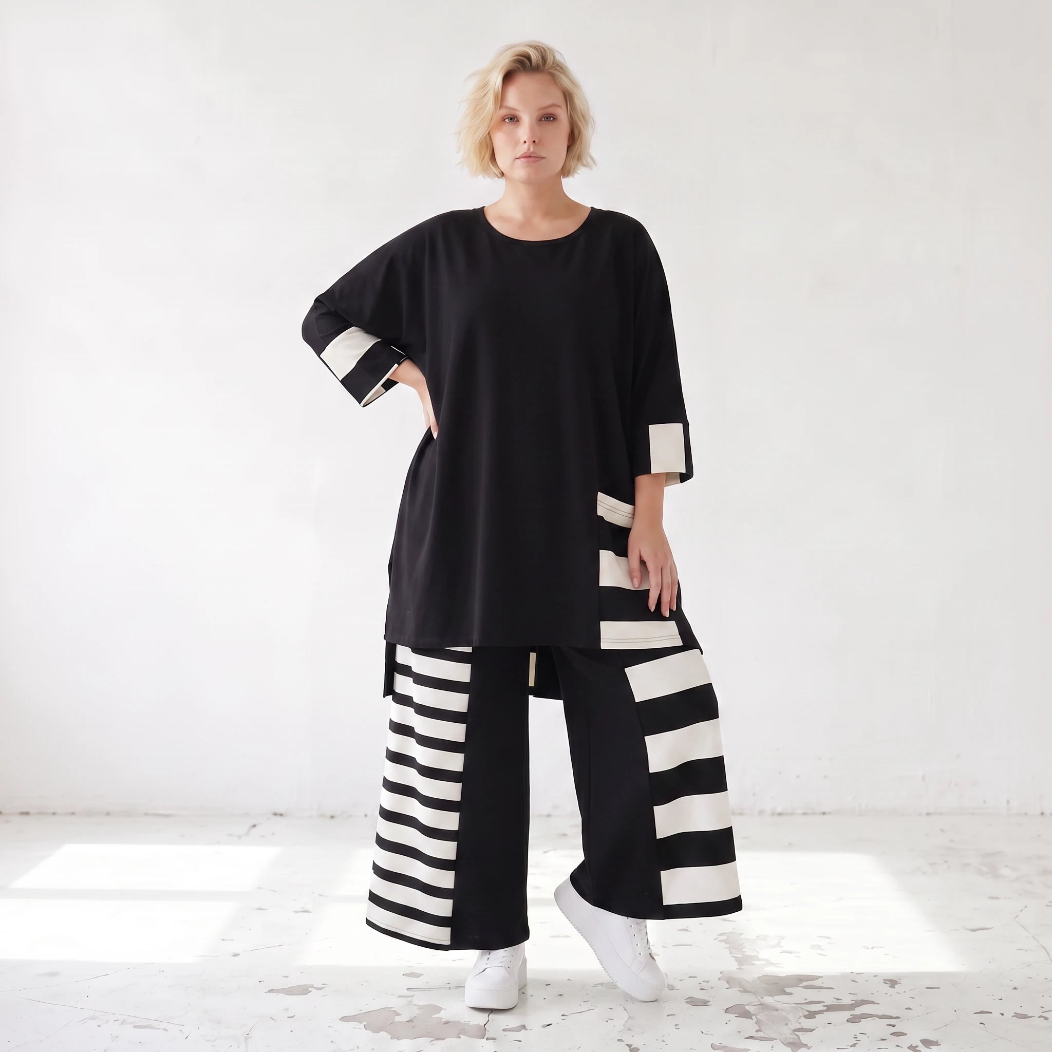 Damen Shirt Lagenlook Rayon Schwarz/Weiß, Vokuhila, Oversize große Größen – AKH Premium