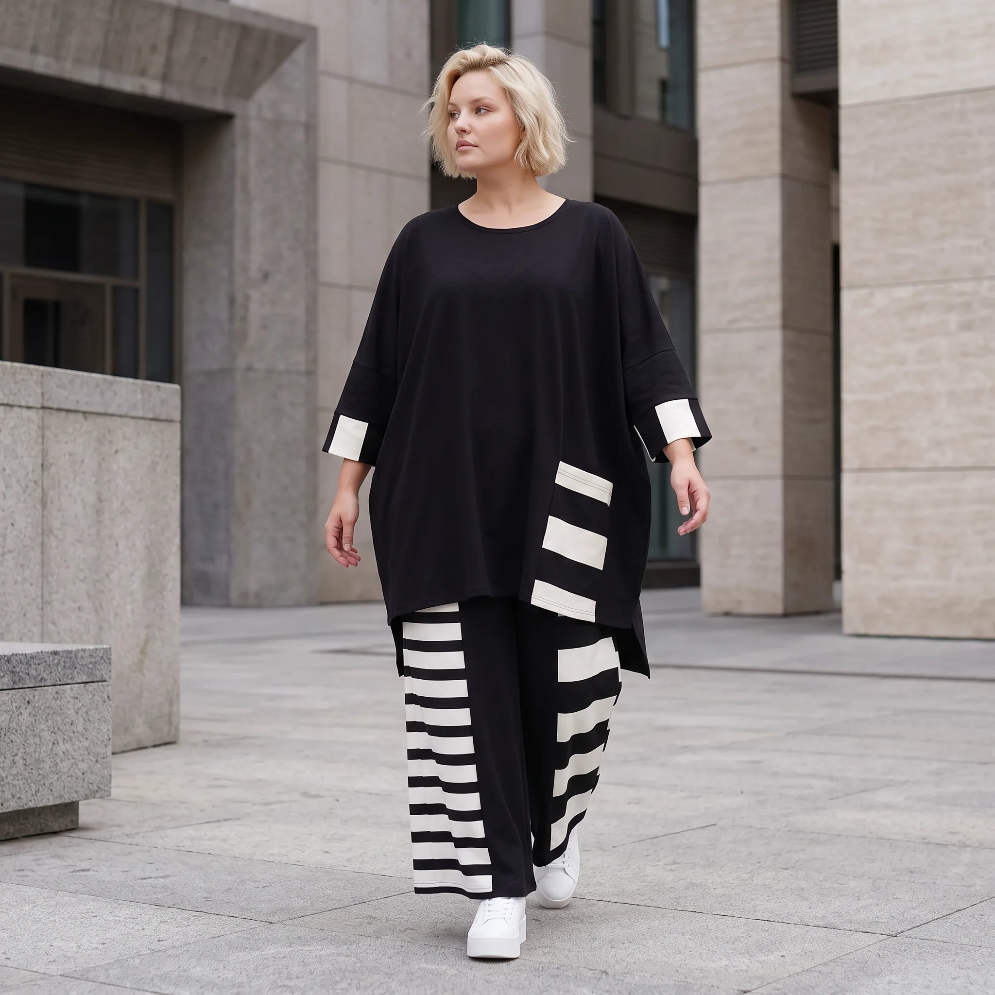 Damen Shirt Lagenlook Rayon Schwarz/Weiß, Vokuhila, Oversize große Größen – AKH Premium