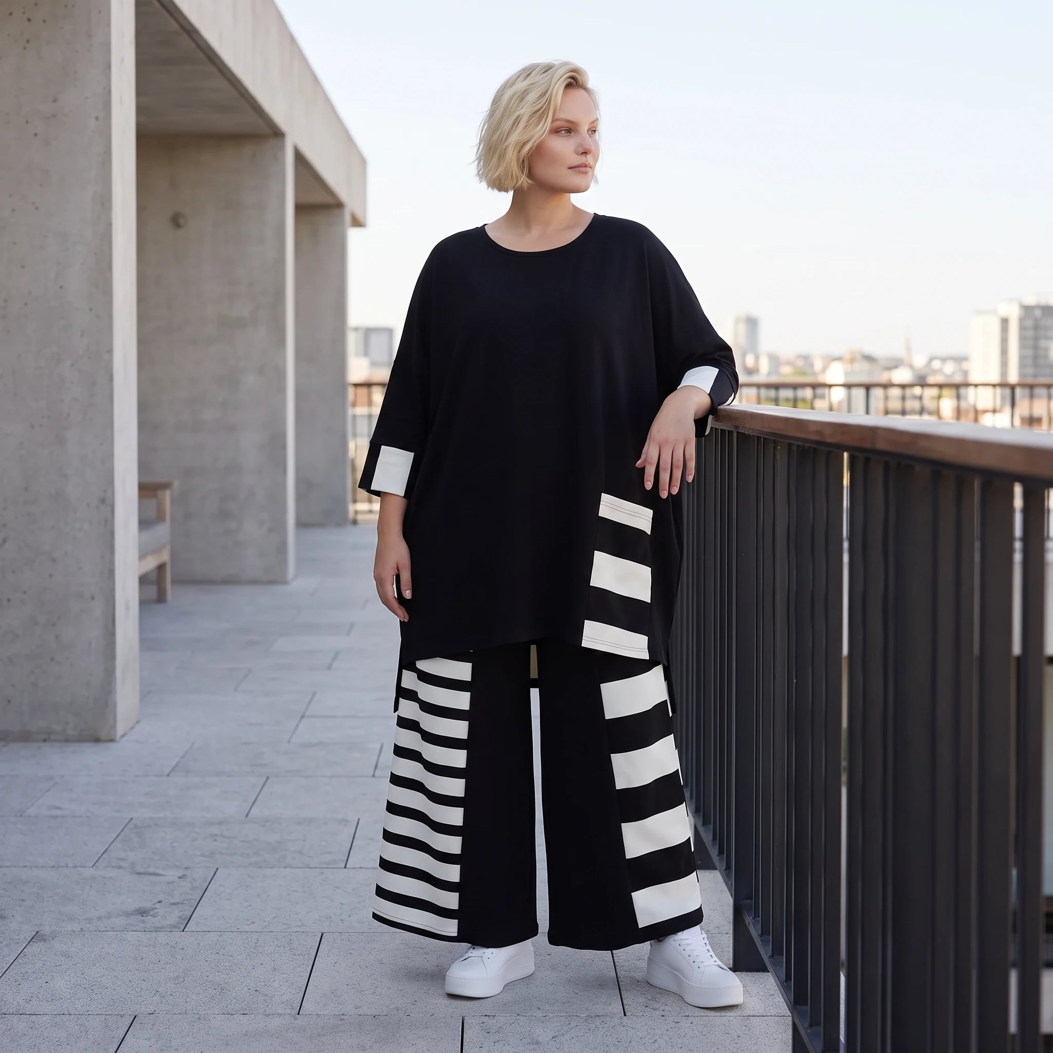 Damen Shirt Lagenlook Rayon Schwarz/Weiß, Vokuhila, Oversize große Größen – AKH Premium