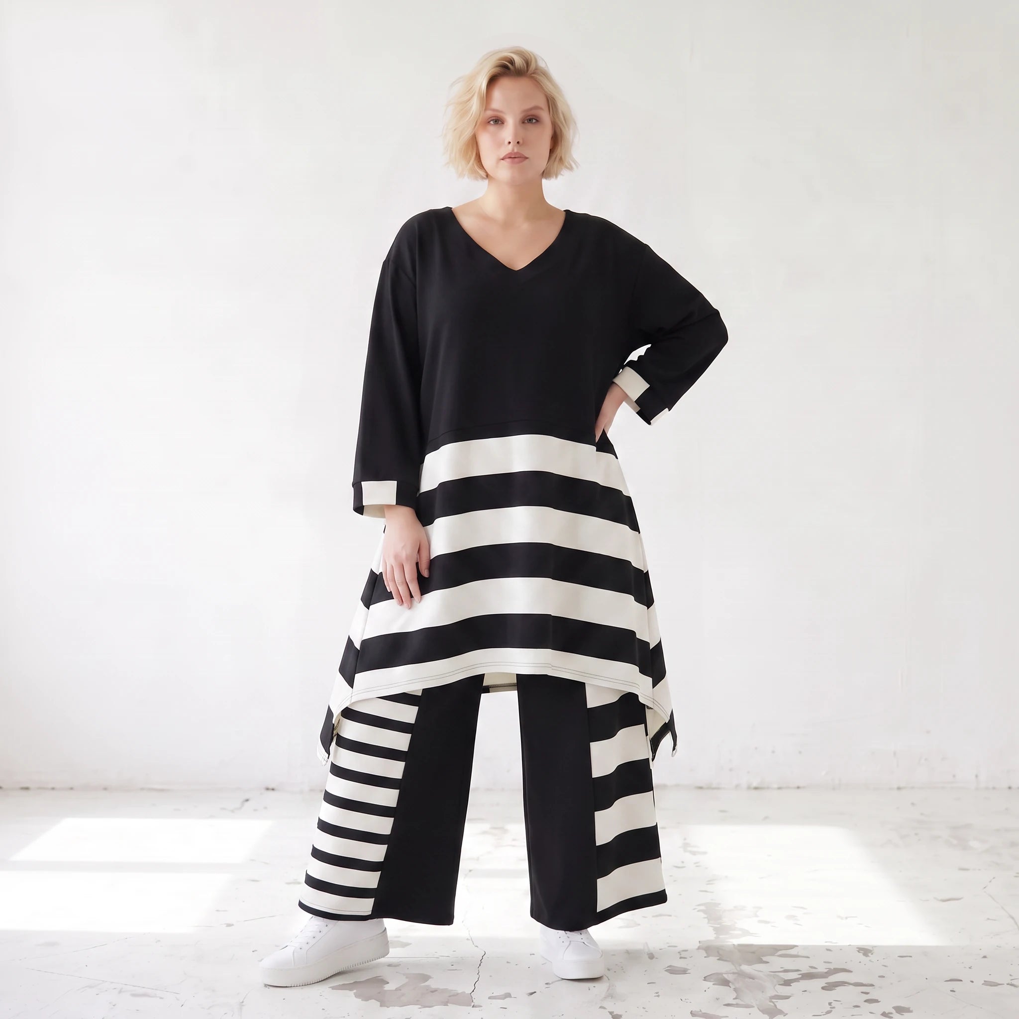 Damen Shirt Lagenlook Rayon Schwarz/Weiß, A-Linie, Oversize große Größen – AKH Premium