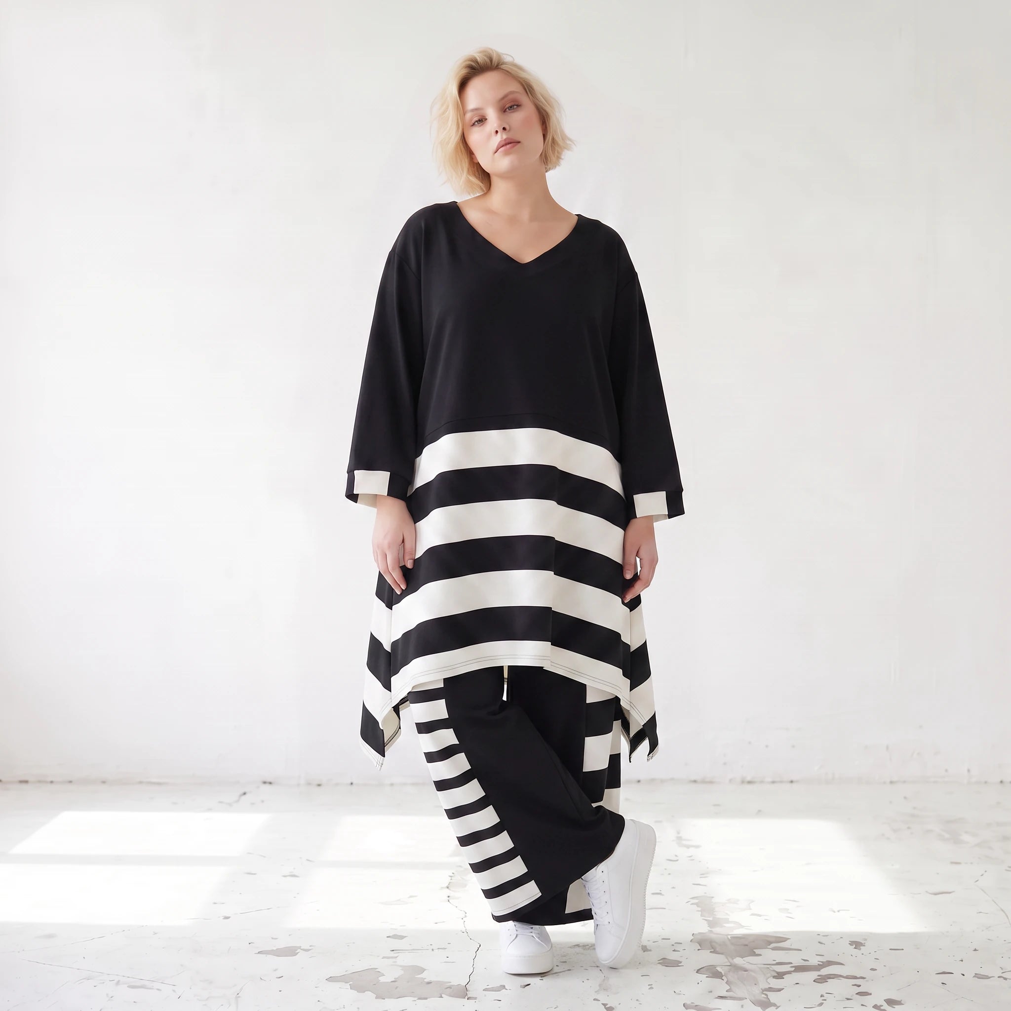 Damen Shirt Lagenlook Rayon Schwarz/Weiß, A-Linie, Oversize große Größen – AKH Premium