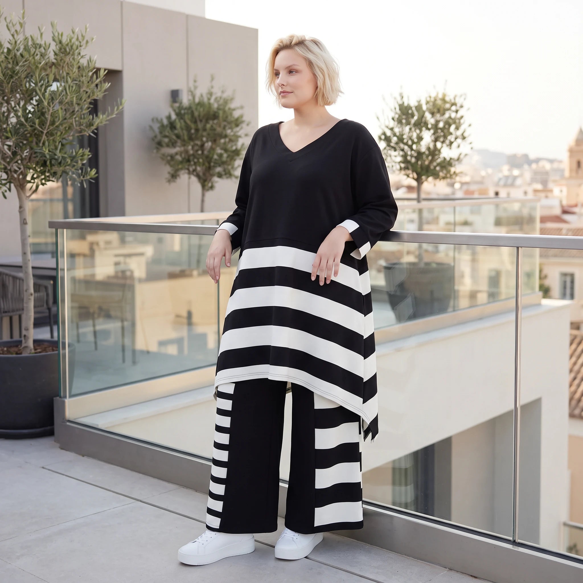 Damen Shirt Lagenlook Rayon Schwarz/Weiß, A-Linie, Oversize große Größen – AKH Premium