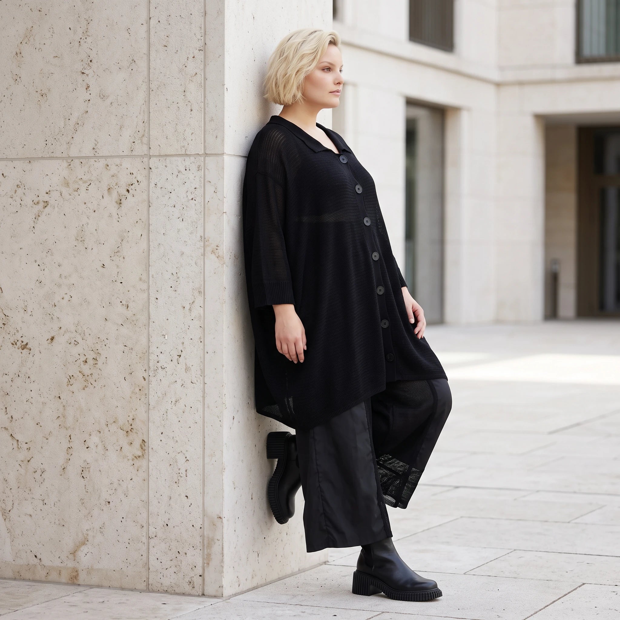 Damen Jacke Lagenlook Baumwolle Schwarz, gerader Schnitt, Langarm, Knopfleiste, Oversize große Größen – AKH Premium