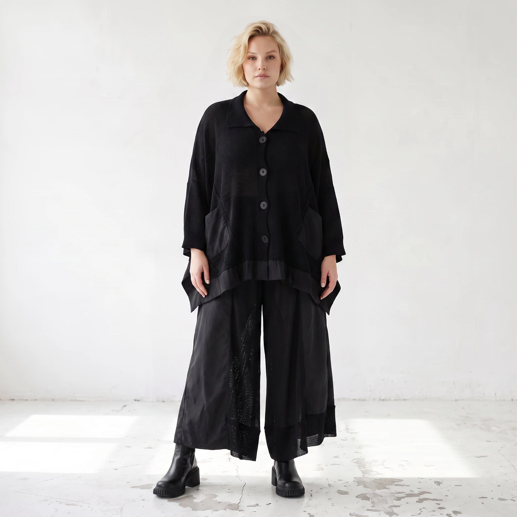 Damen Jacke Lagenlook Baumwolle Schwarz, A-Linie, Knopfleiste, Oversize große Größen – AKH Premium
