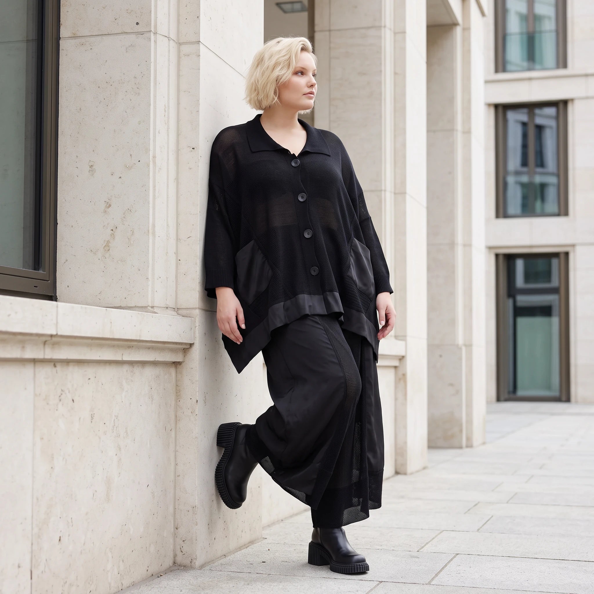 Damen Jacke Lagenlook Baumwolle Schwarz, A-Linie, Knopfleiste, Oversize große Größen – AKH Premium