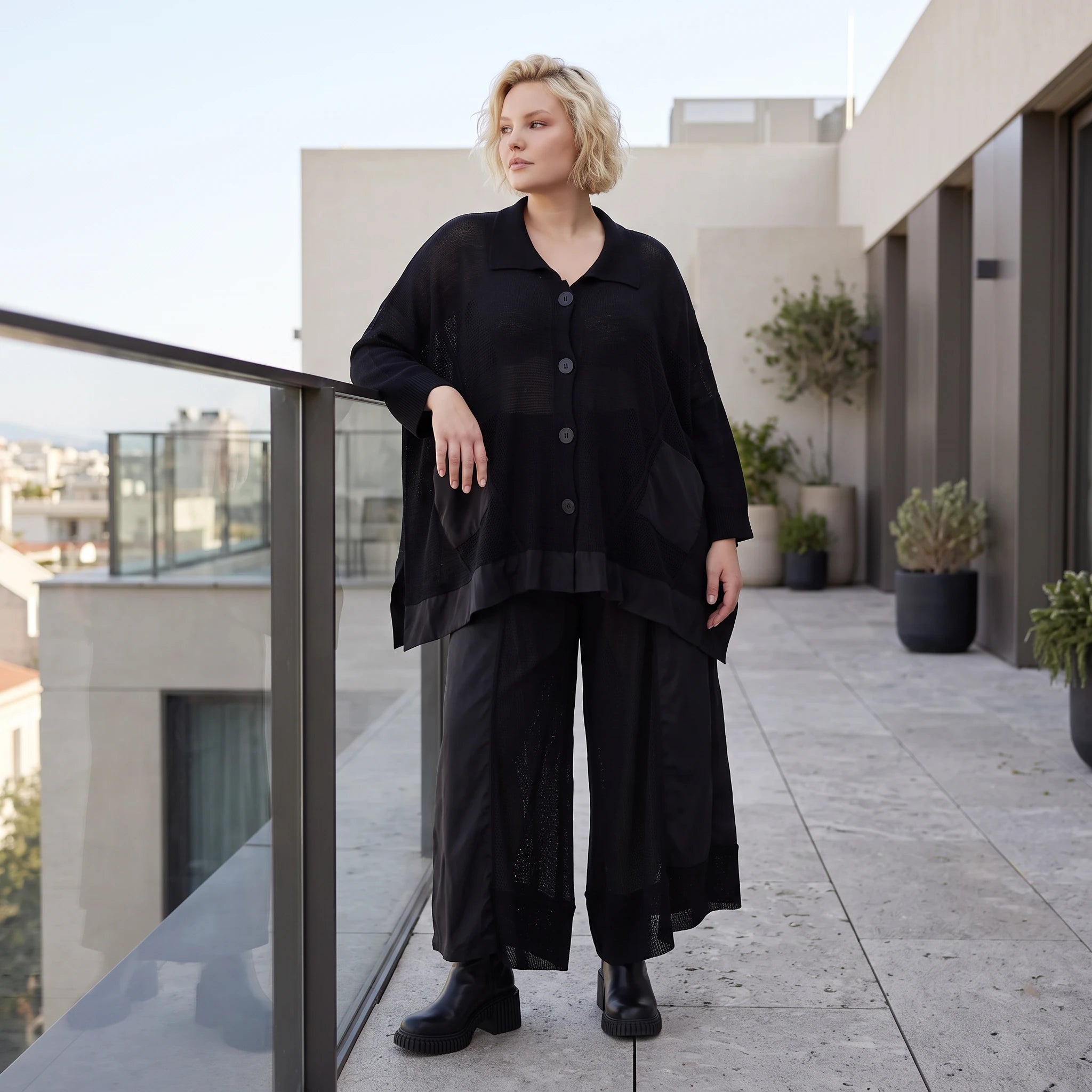 Damen Jacke Lagenlook Baumwolle Schwarz, A-Linie, Knopfleiste, Oversize große Größen – AKH Premium