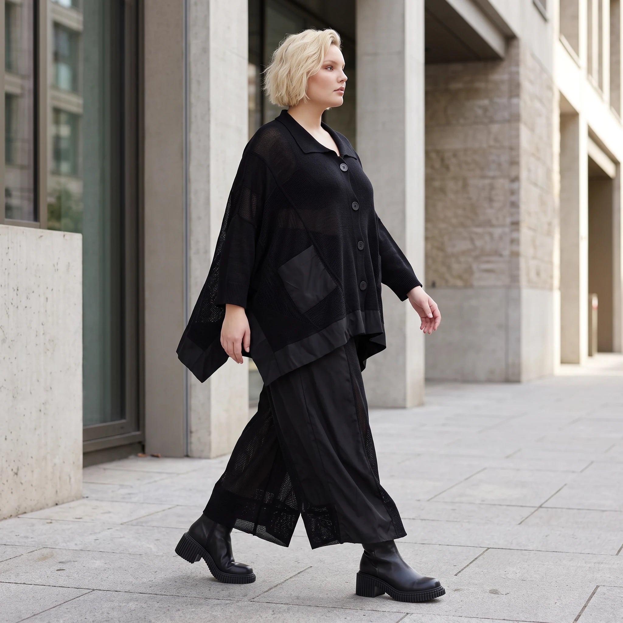 Damen Jacke Lagenlook Baumwolle Schwarz, A-Linie, Knopfleiste, Oversize große Größen – AKH Premium