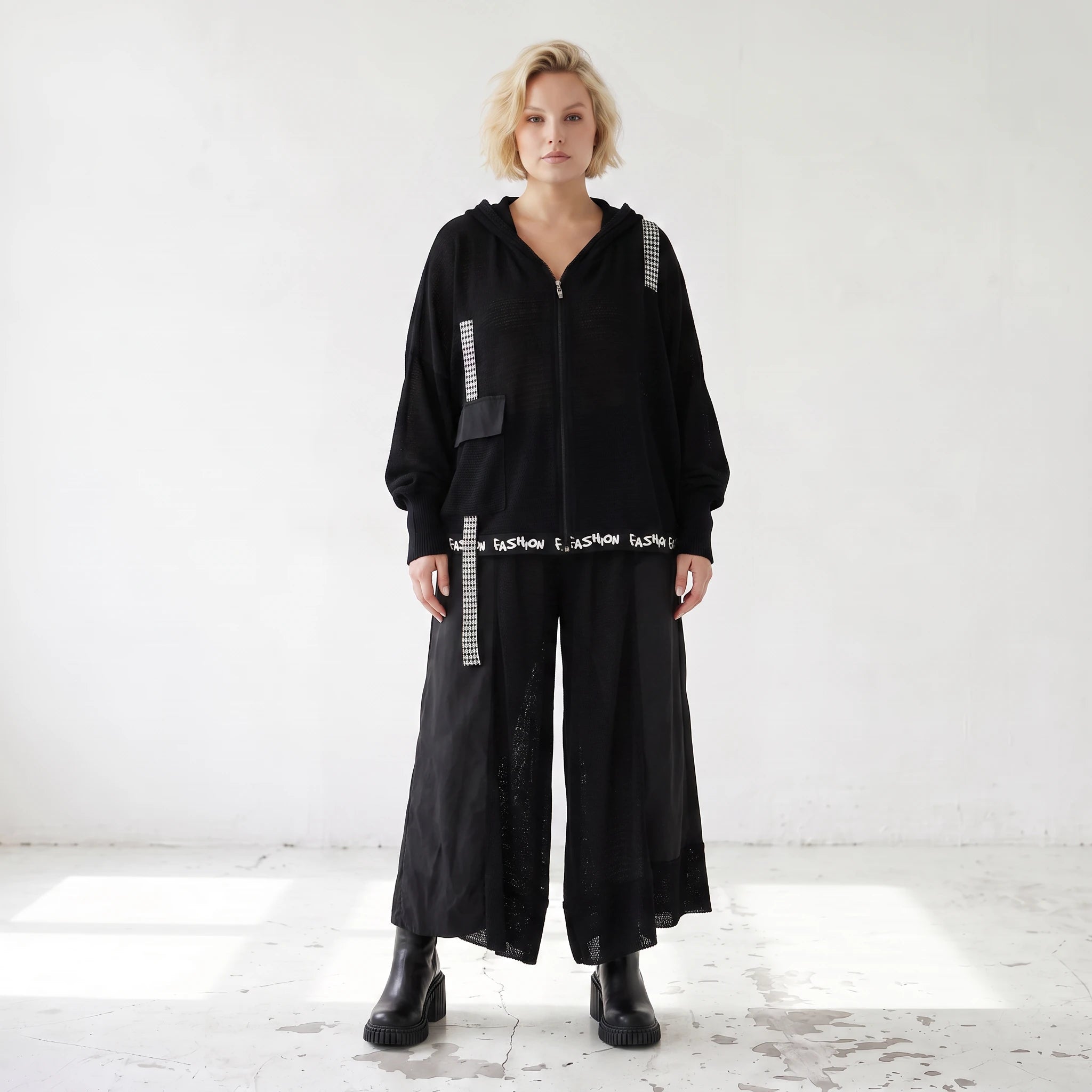 Damen Jacke Lagenlook Baumwolle Schwarz, Kapuze, Oversize große Größen – AKH Premium