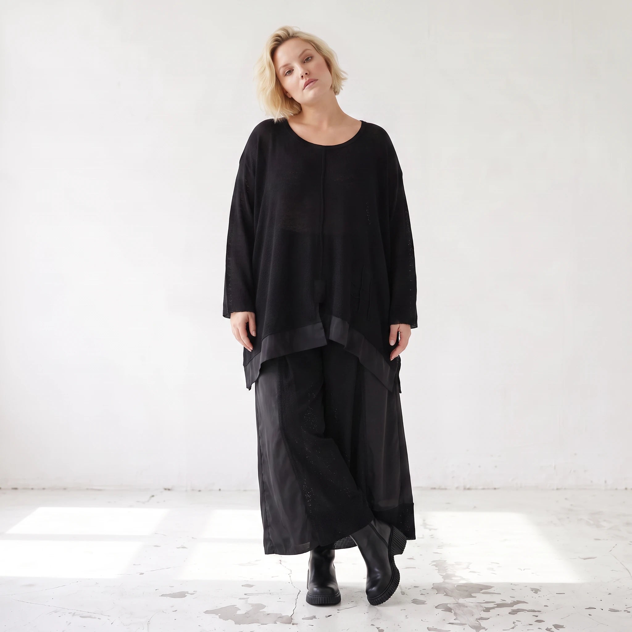 Damen Shirt Lagenlook Baumwolle Schwarz, A-Linie, Langarm, Oversize große Größen – AKH Premium
