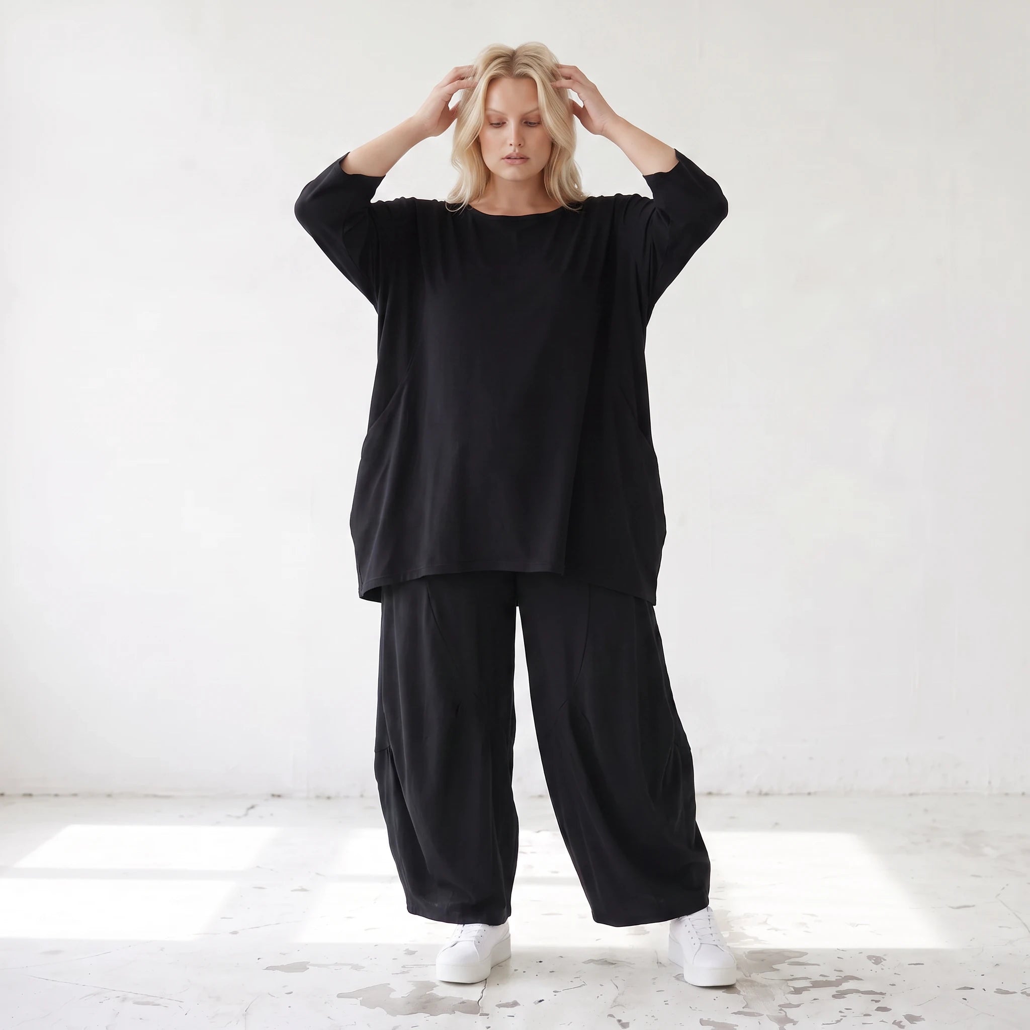 Damen Shirt Lagenlook Lyocell Schwarz, A-Linie, 3/4-Arm, Oversize große Größen – AKH Premium