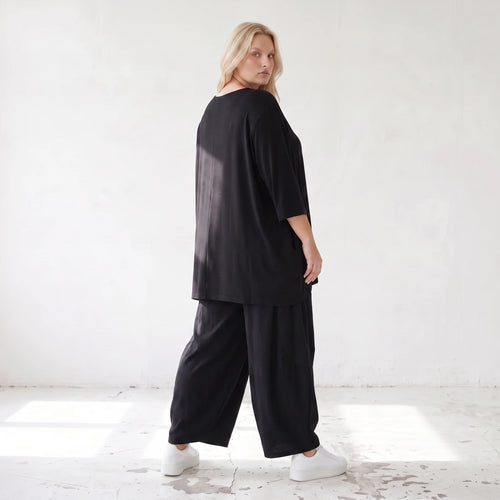 Damen Shirt Lagenlook Lyocell Schwarz, A-Linie, 3/4-Arm, Oversize große Größen – AKH Premium