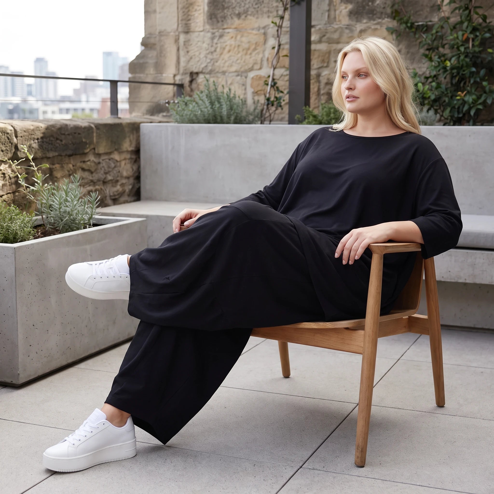 Damen Shirt Lagenlook Lyocell Schwarz, A-Linie, 3/4-Arm, Oversize große Größen – AKH Premium
