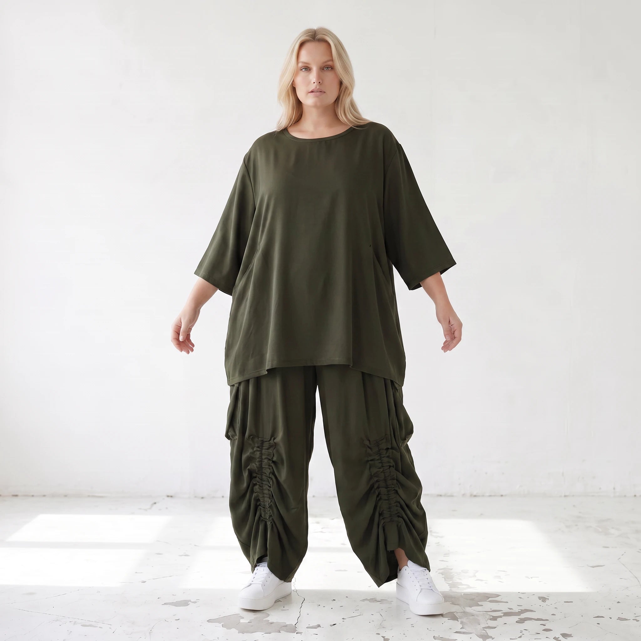Damen Shirt Lagenlook Lyocell Khaki, A-Linie, 3/4-Arm, Oversize große Größen – AKH Premium