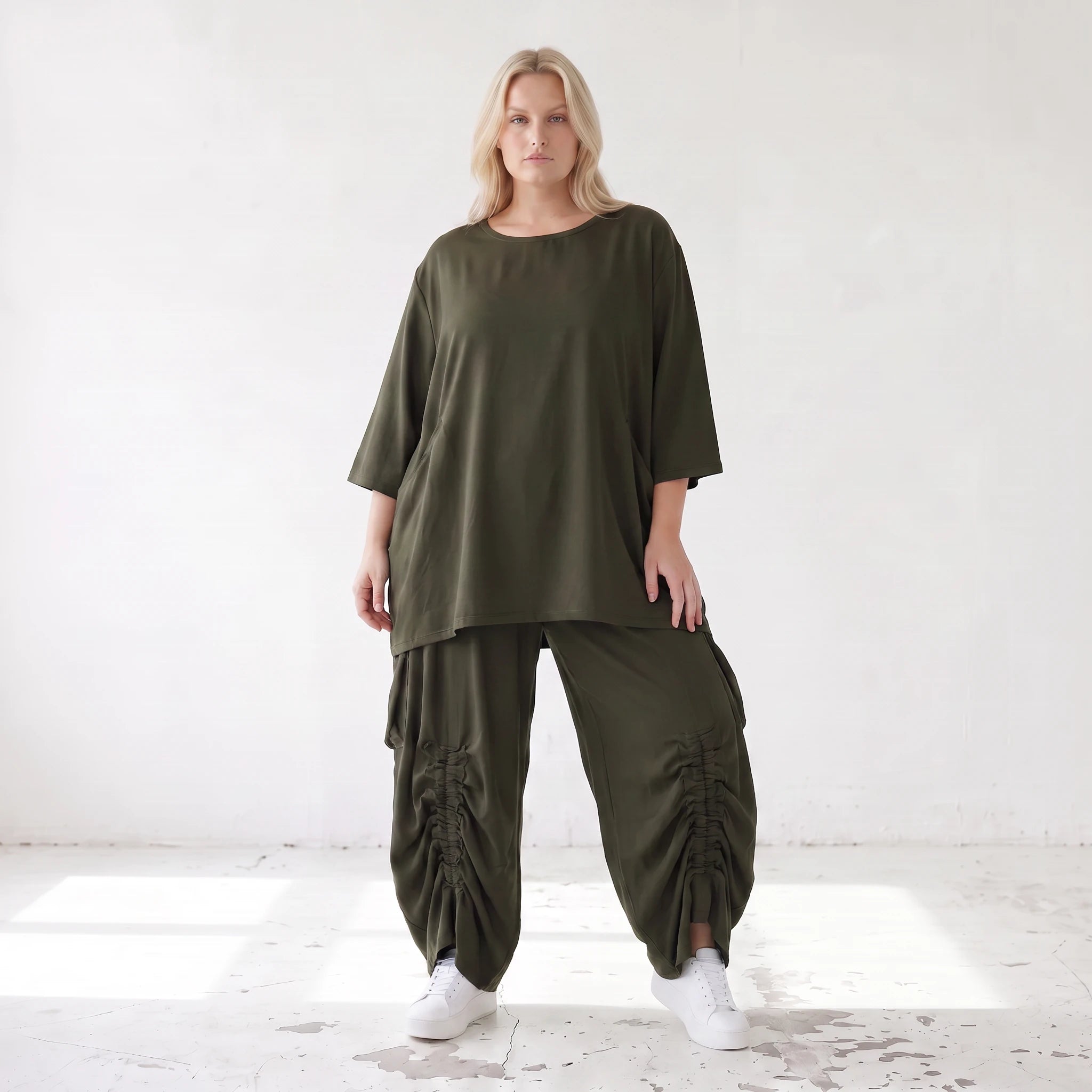 Damen Shirt Lagenlook Lyocell Khaki, A-Linie, 3/4-Arm, Oversize große Größen – AKH Premium