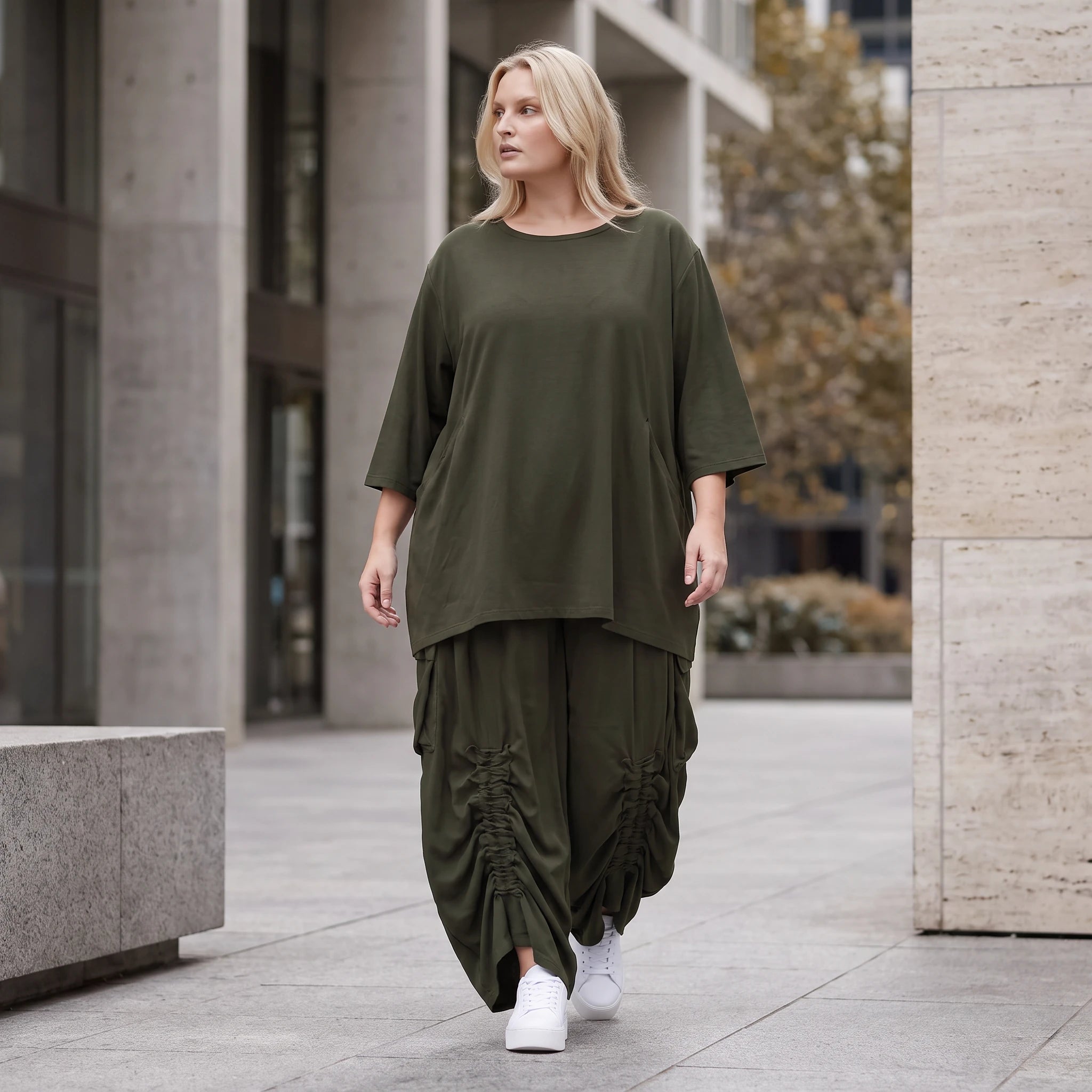 Damen Shirt Lagenlook Lyocell Khaki, A-Linie, 3/4-Arm, Oversize große Größen – AKH Premium