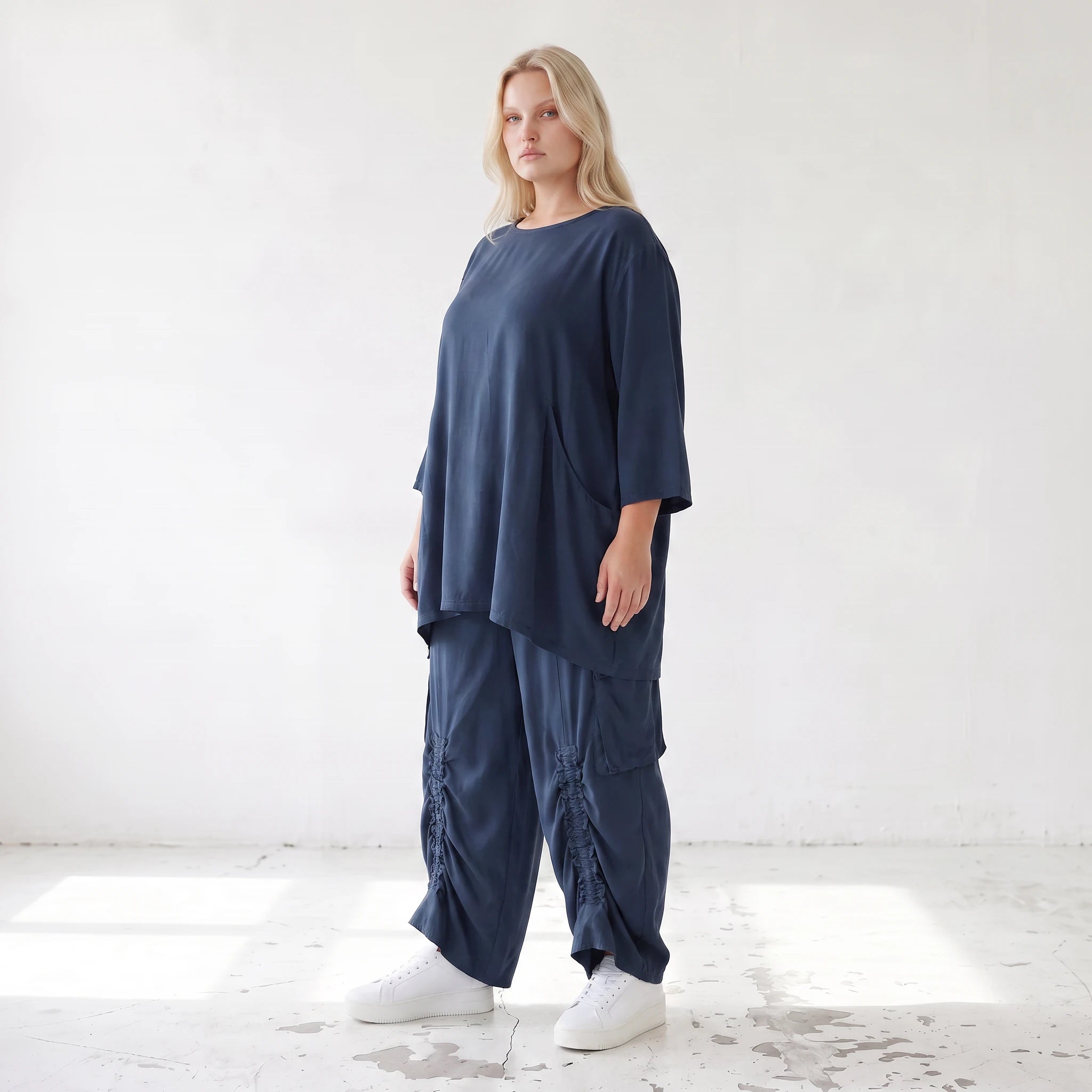 Damen Shirt Lagenlook Lyocell Petrol, A-Linie, 3/4-Arm, Oversize große Größen – AKH Premium
