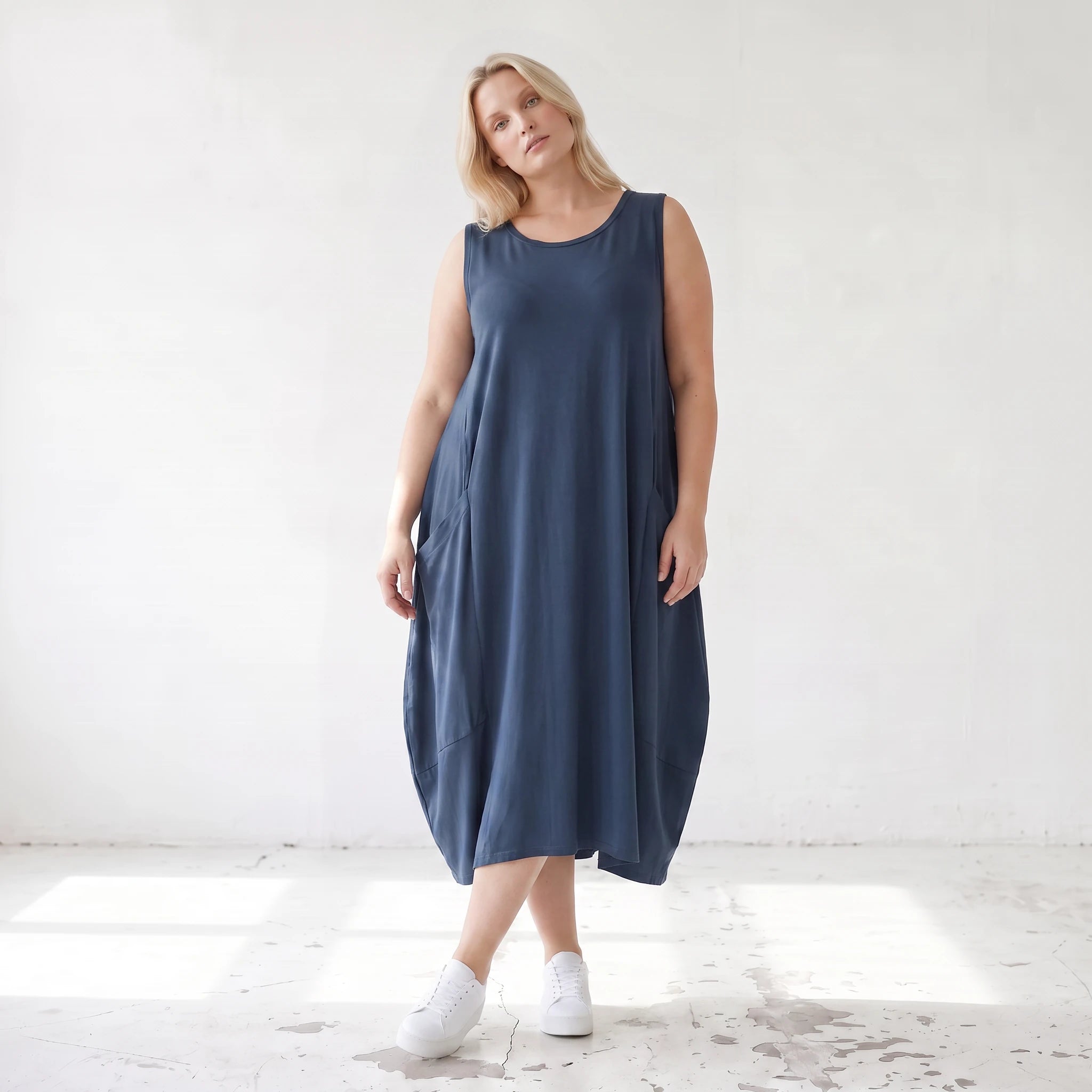 Damen Kleid Lagenlook Lyocell Petrol, Ballonschnitt, ärmellos, Flügeltaschen, Oversize große Größen – AKH Premium
