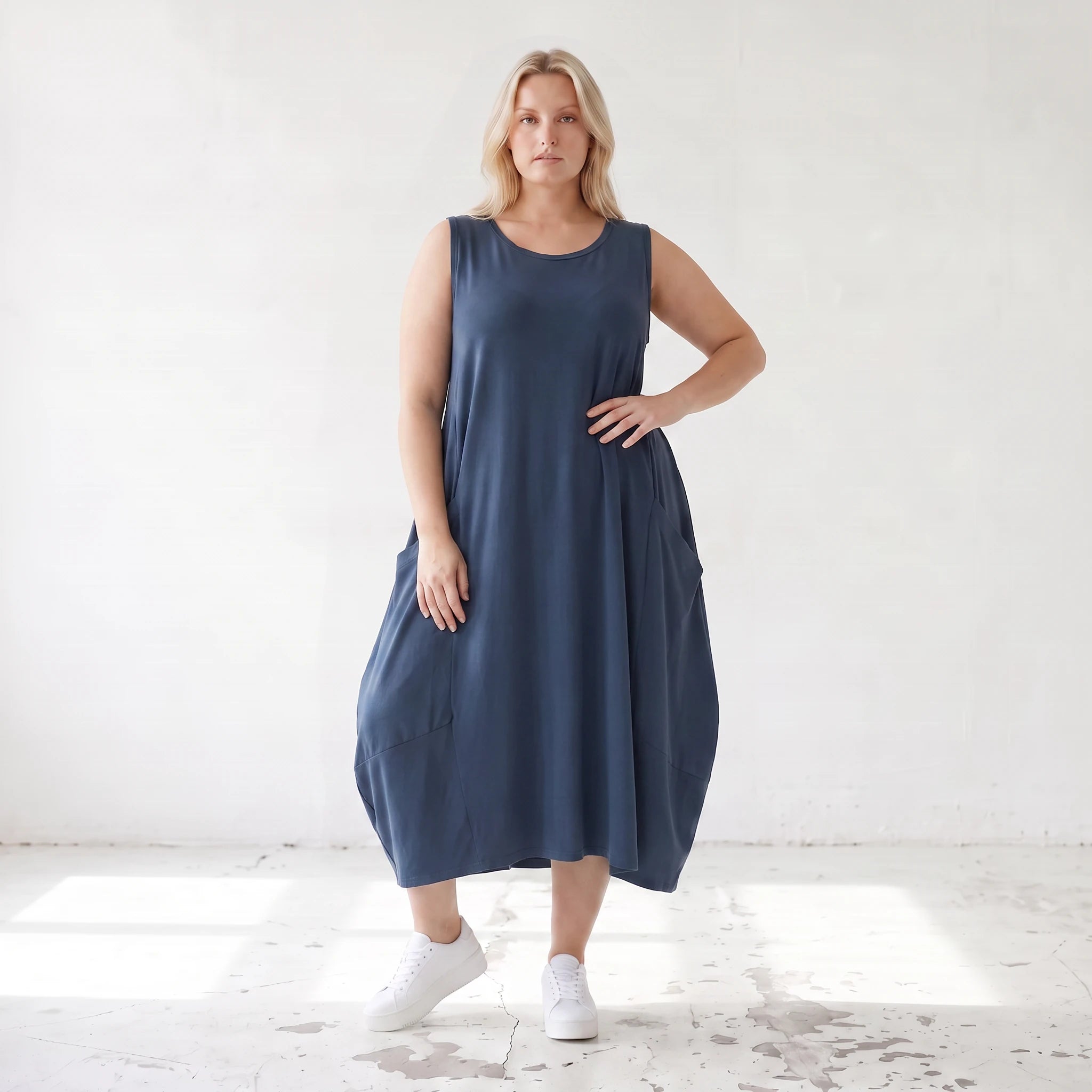 Damen Kleid Lagenlook Lyocell Petrol, Ballonschnitt, ärmellos, Flügeltaschen, Oversize große Größen – AKH Premium